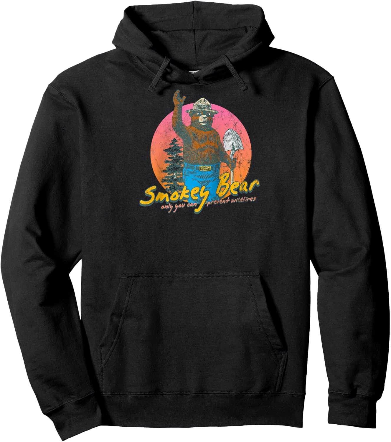 Smokey Bear Retro Smokey Bear Colorful Sunset PSA Raglan Baseball Hoodie - Hoodie | Black