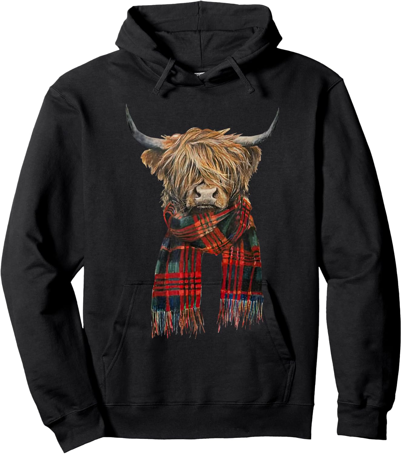 Cute Highland Cow Wearing Buffalo Plaid Scarf Farming Farmer Hoodie - Hoodie | Black