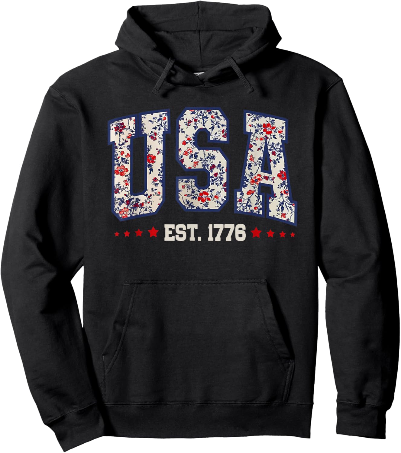USA Est 1776 Floral Patriotic America 4th of July Women Girl Hoodie - Hoodie | Black