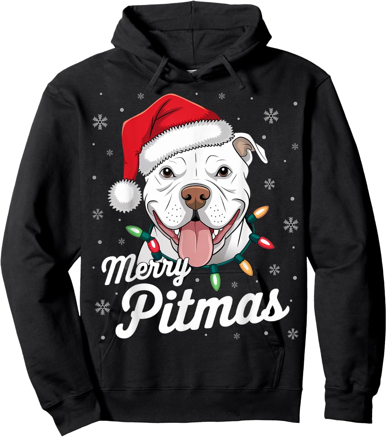 Merry Pitmas Pitbull Dog Xmas Lights Santa Hat Christmas Women Hoodie - Hoodie | Black