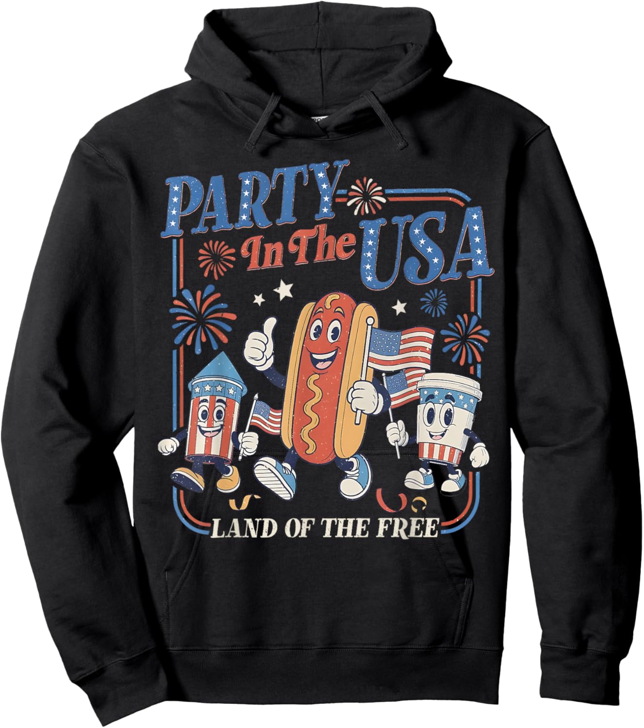 Retro Party In The USA Hot Dog Flag USA 4th Of July Party Men Women Kids Hoodie - Hoodie | Black