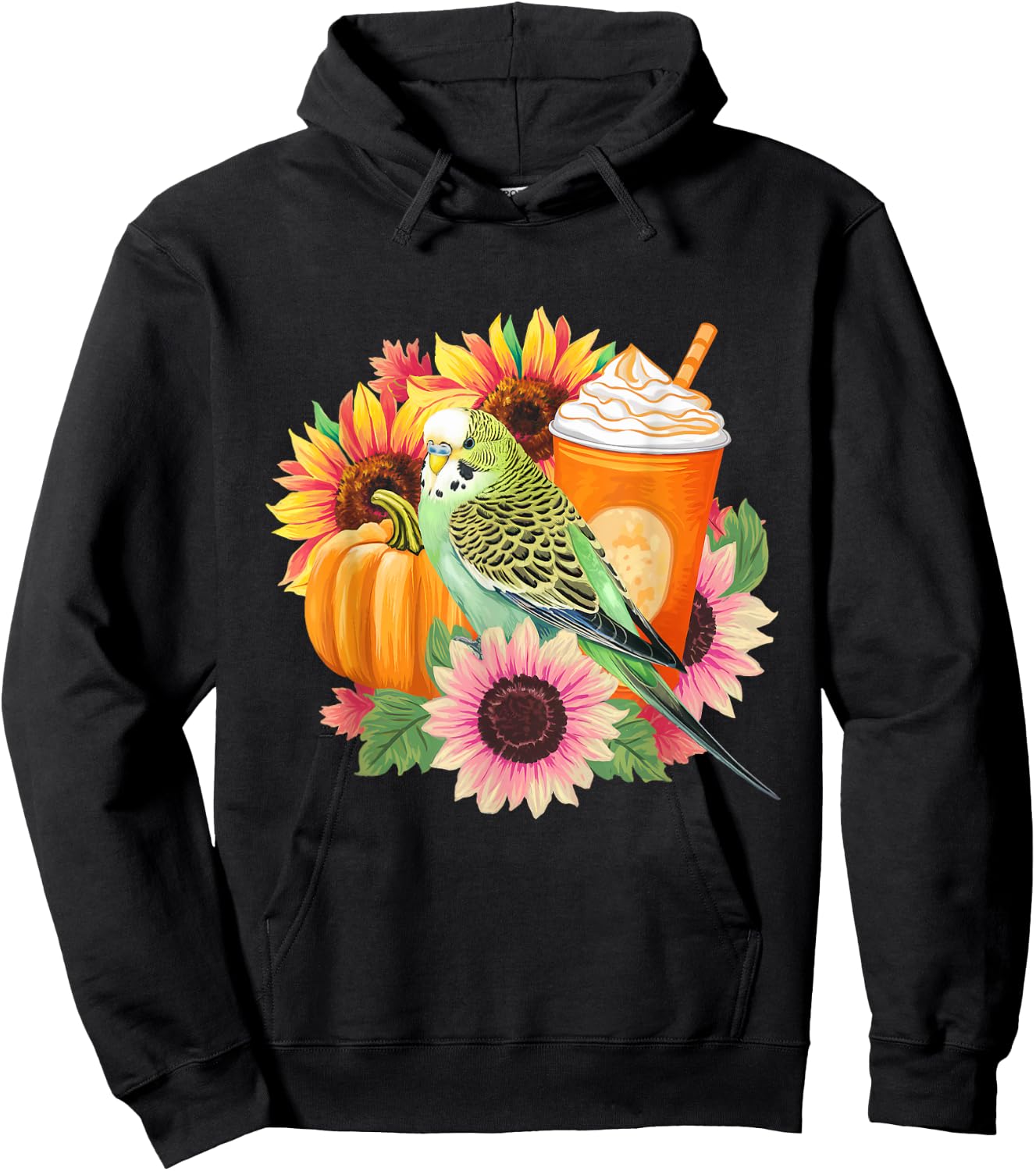 Budgies Autumn Love Pumpkin Latte and Flowers Hoodie - Hoodie | Black