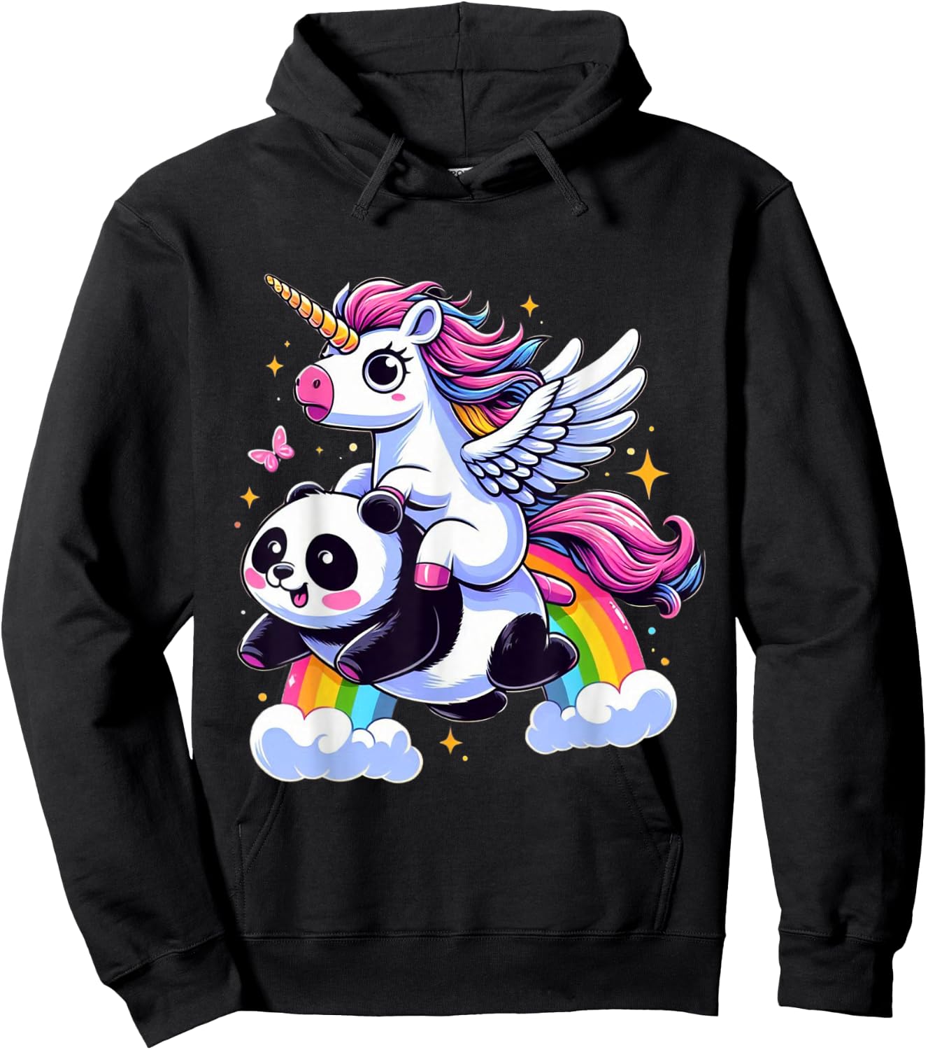 Unicorn Riding Panda Boys Girls Men Women Kids Rainbow Hoodie - Hoodie | Black