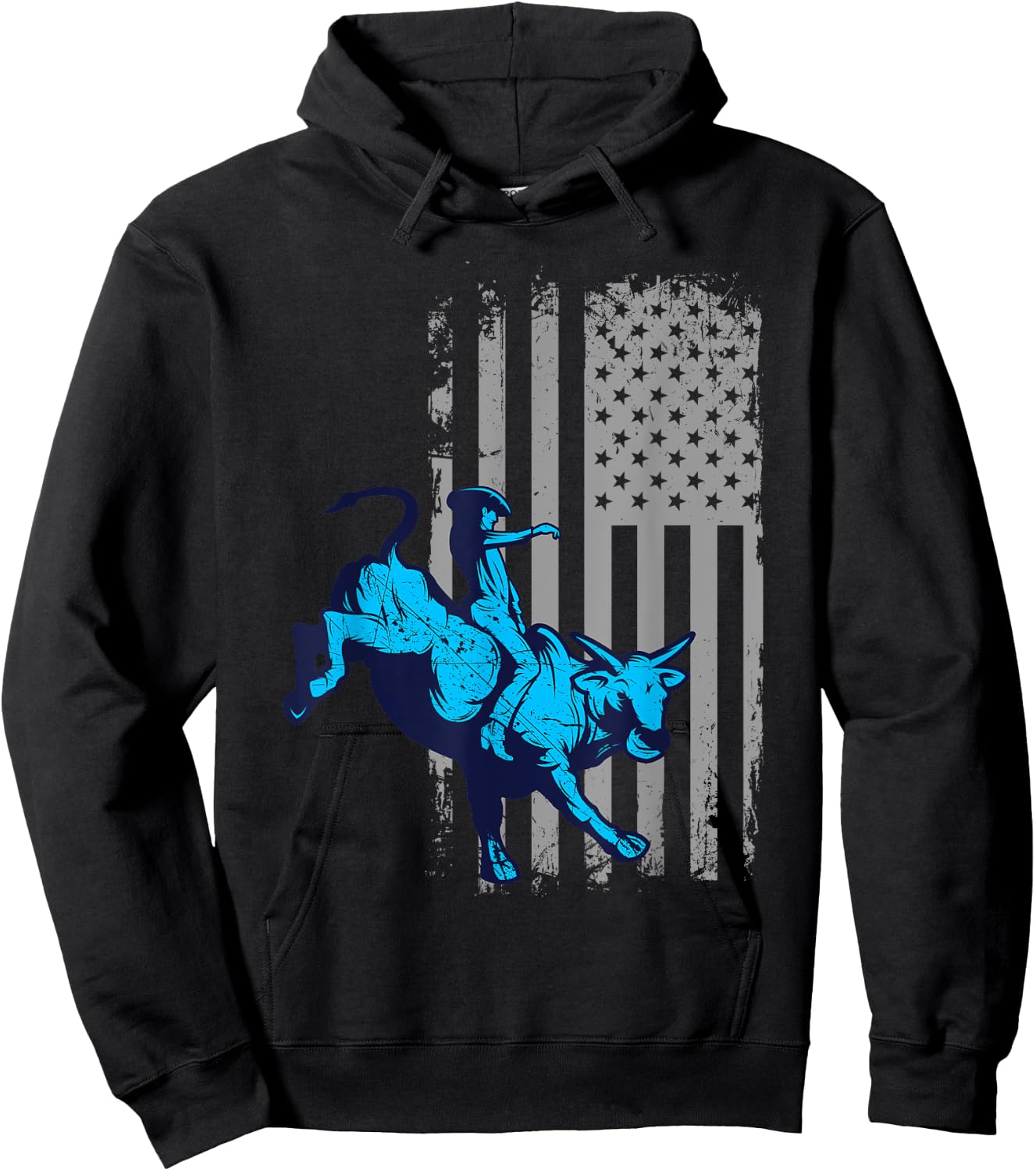 Vintage American Flag Bucking Bull Riding Patriotism Rodeo Kids Men Hoodie - Hoodie | Black