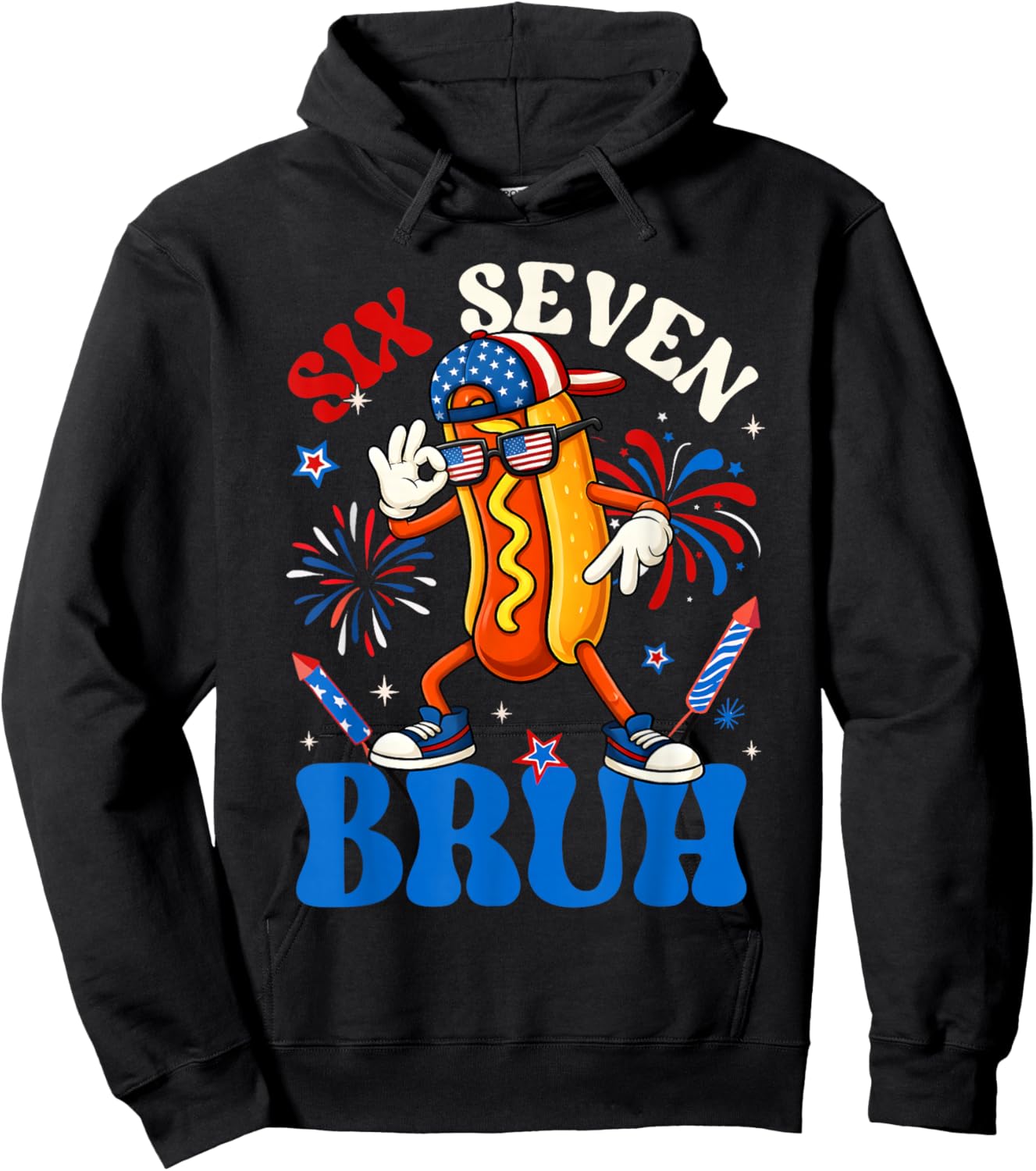 4th of July Hotdog Fireworks Dabbing Six Seven Bruh Boy Girl Hoodie - Hoodie | Black