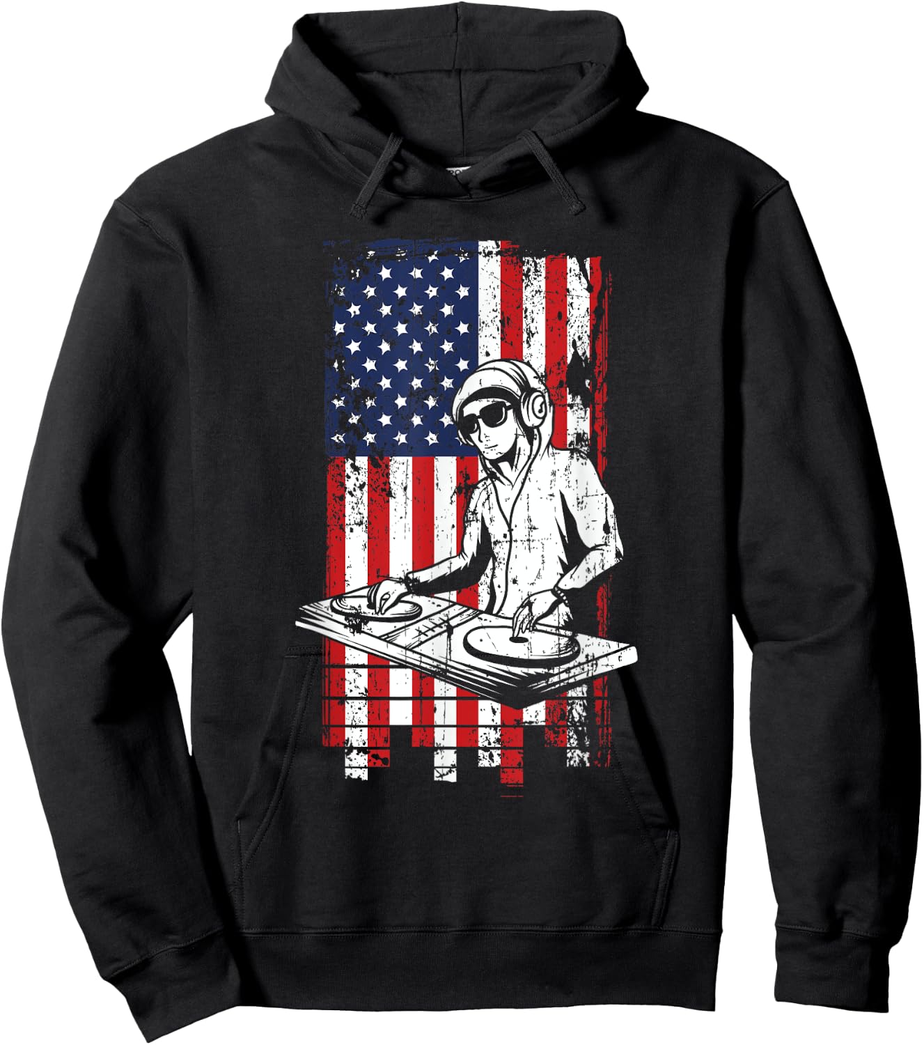 4th of July American Flag DJ Music Lover Turntable Gifts Hoodie - Hoodie | Black