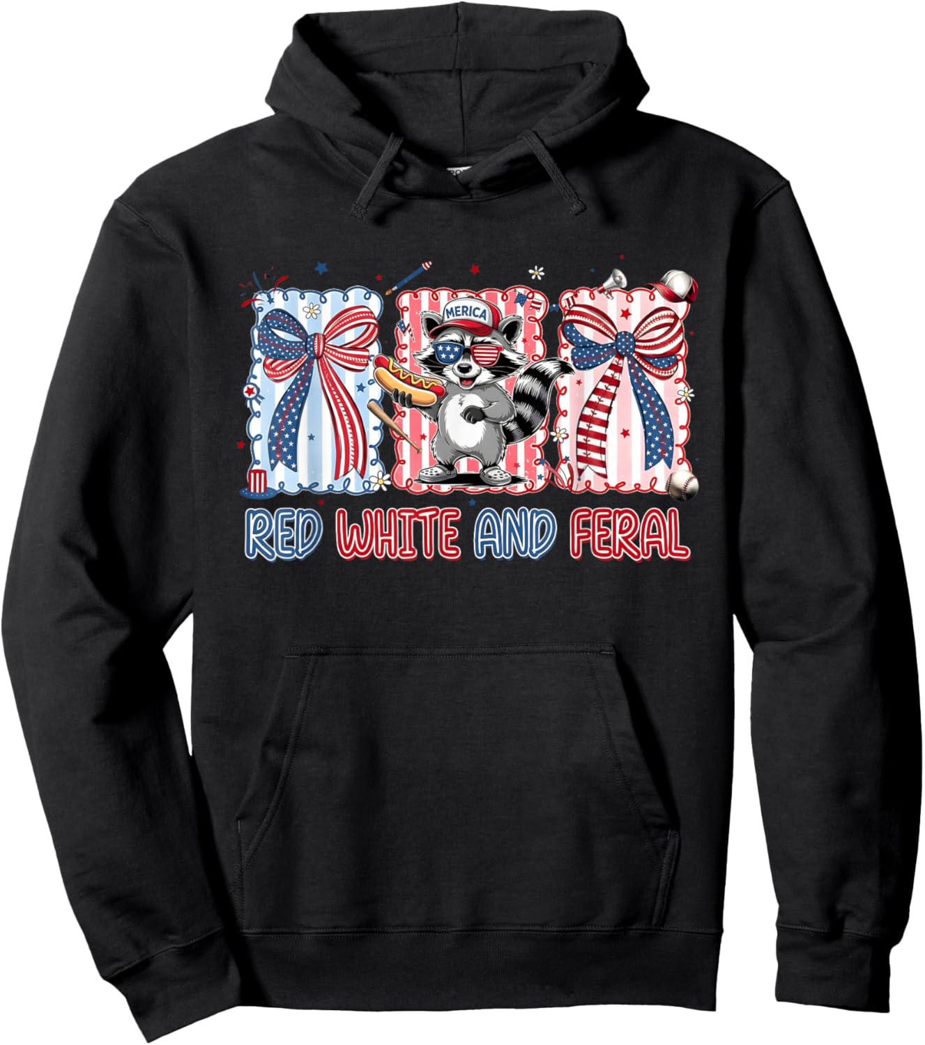 Red White and Feral Patriotic Raccoon Coquette Bow Baseball Hoodie - Hoodie | Black