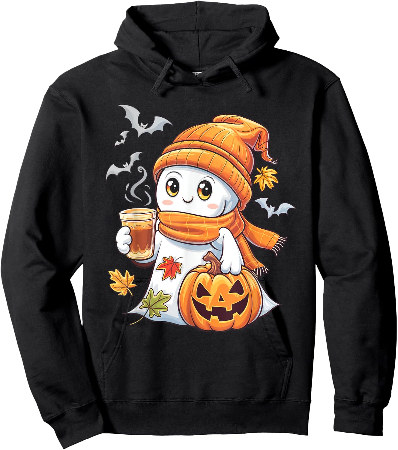 Cute Ghost Pumpkin Coffee Halloween Fall Ghost Hoodie - Hoodie | Black