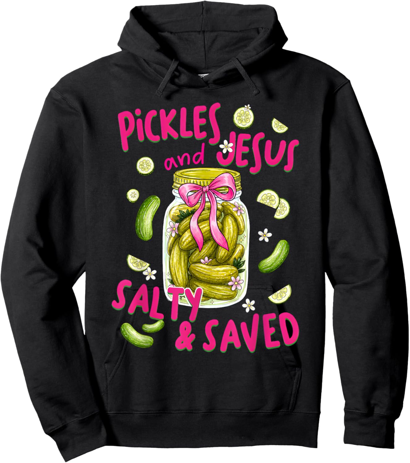 Pickles and Jesus Salty and Saved Funny Pickle Cucumber Hoodie - Hoodie | Black