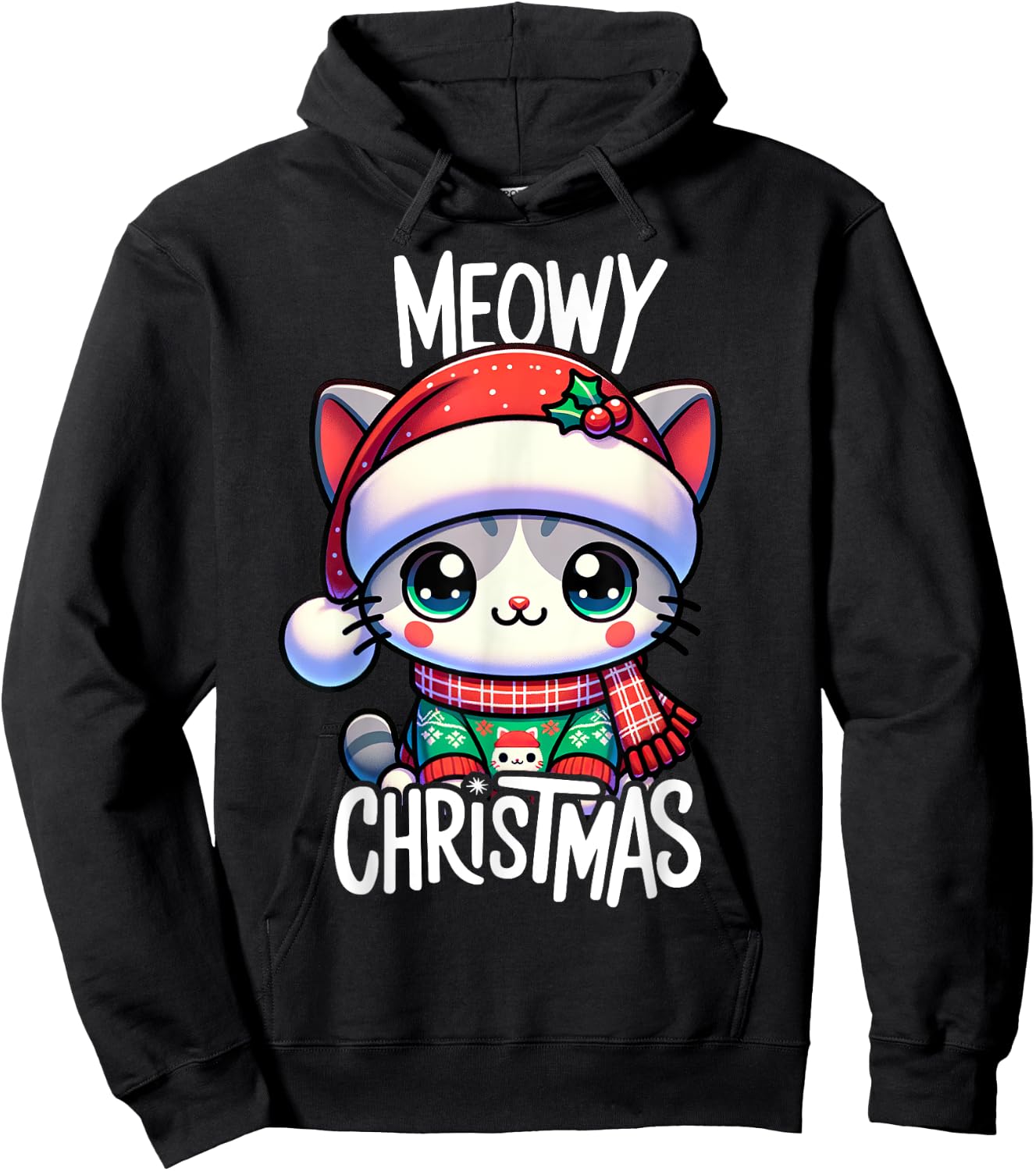 Meowy Christmas Cat Lover Funny Festive Holidays Cute Kitten Men Women Kids Hoodie - Hoodie | Black