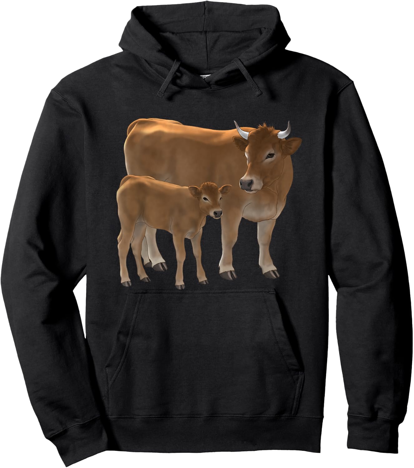 Aubrac or Jersey Brown Cow & Cute Calf Cattle Rancher Art Hoodie - Hoodie | Black