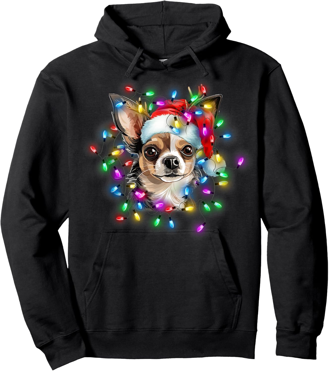 Cute Chihuahua Santa Hat Christmas Light Xmas Hoodie - Hoodie | Black