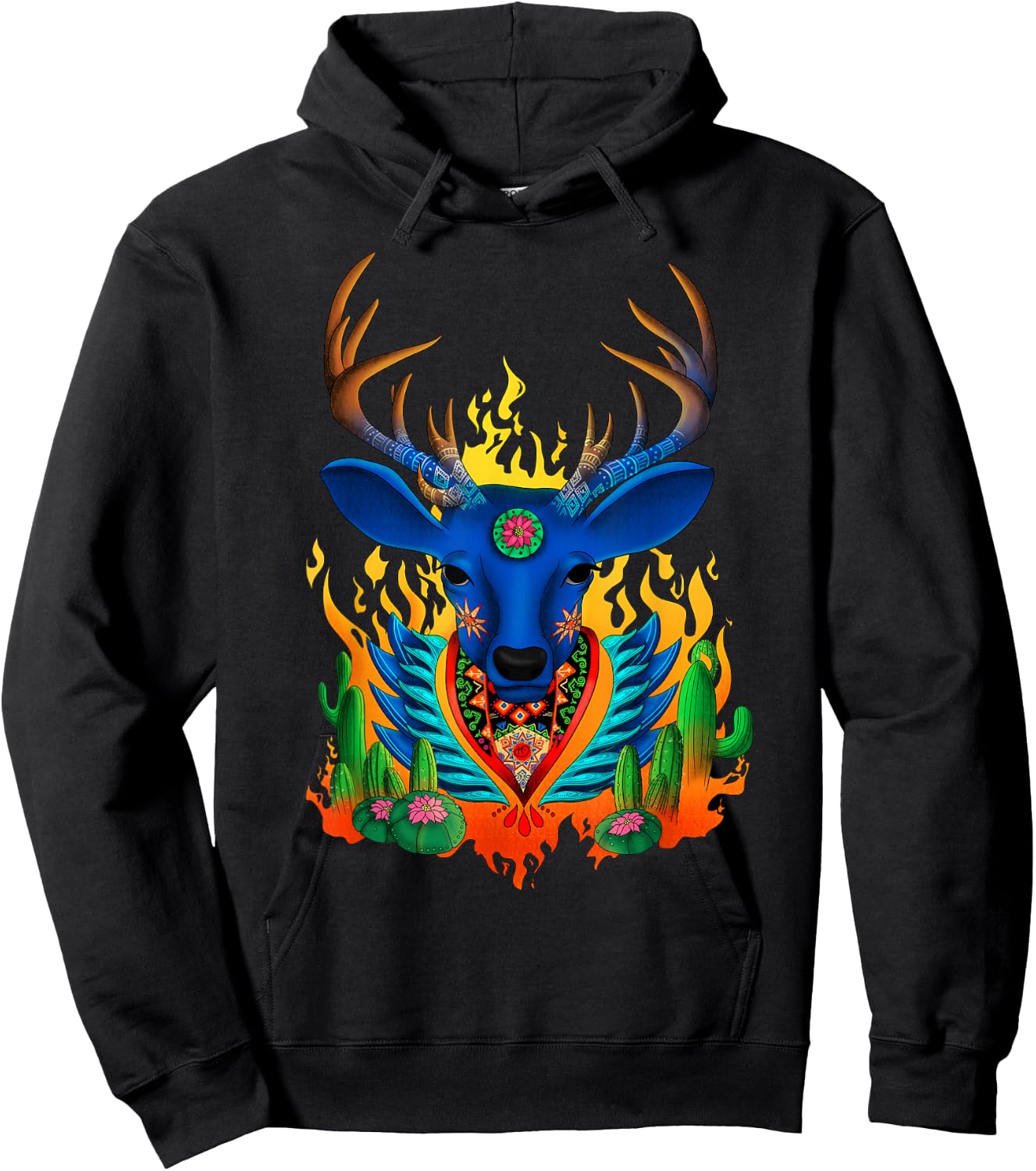 Impeccable Jaguar Third Eye Huichol Deer - Men's Black Small Classic Fit Short Sleeve Hoodie - Hoodie | Black