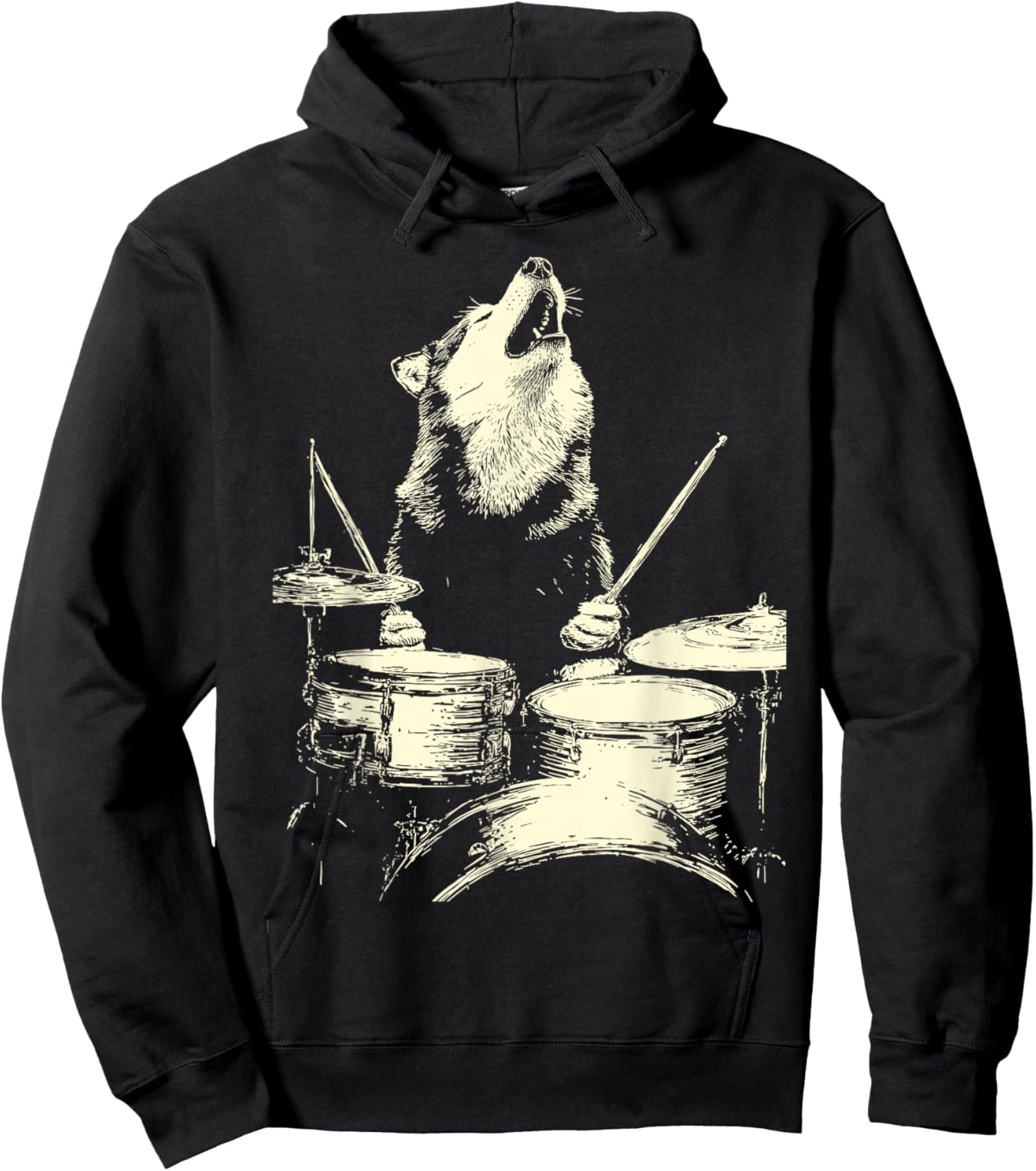 Cute Wolf Playing Drums Funny Music Animal Drummer Graphic Hoodie - Hoodie | Black