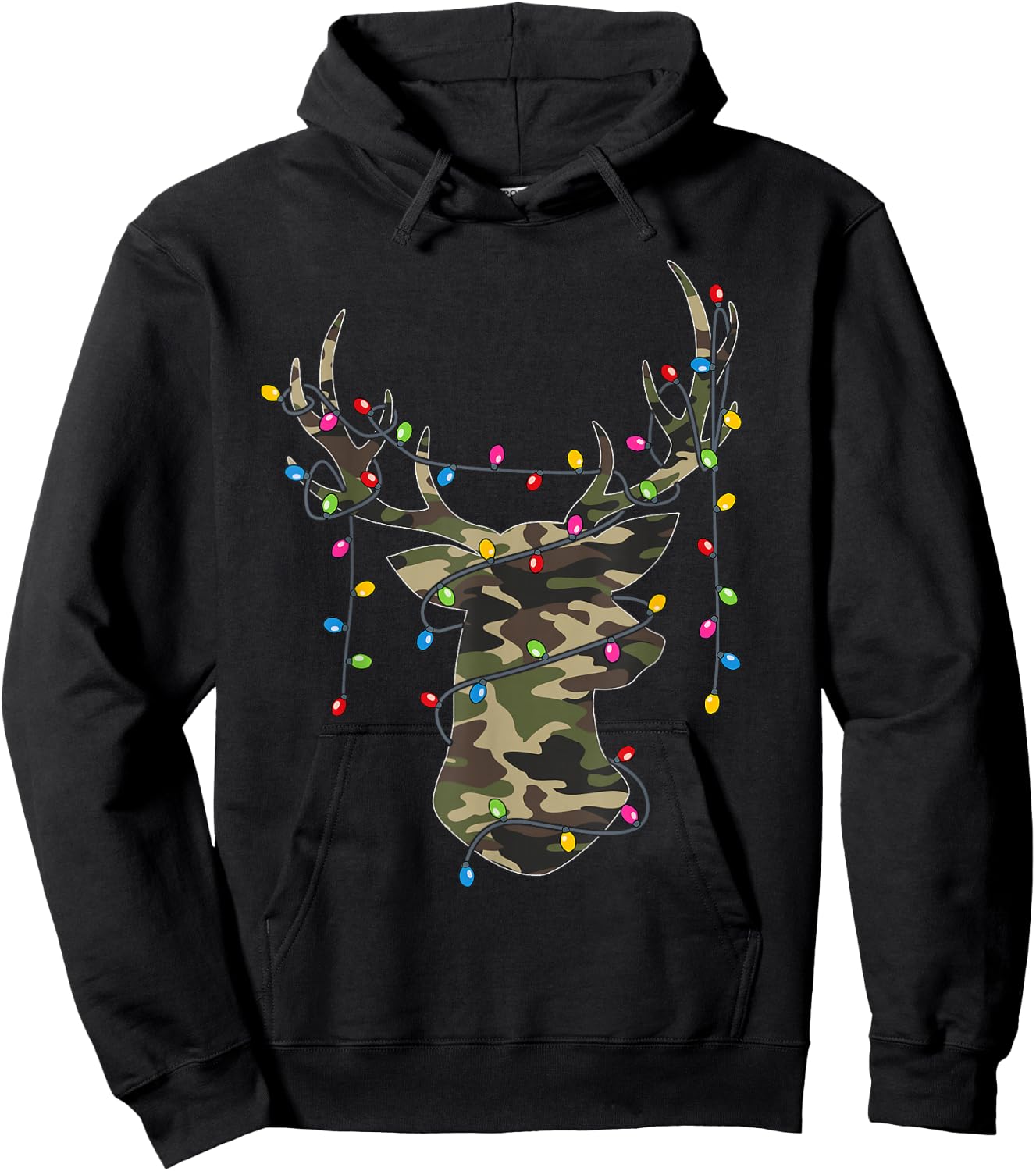 Christmas Holiday Camo Hunting Reindeer Deer Xmas Lights Hoodie - Hoodie | Black