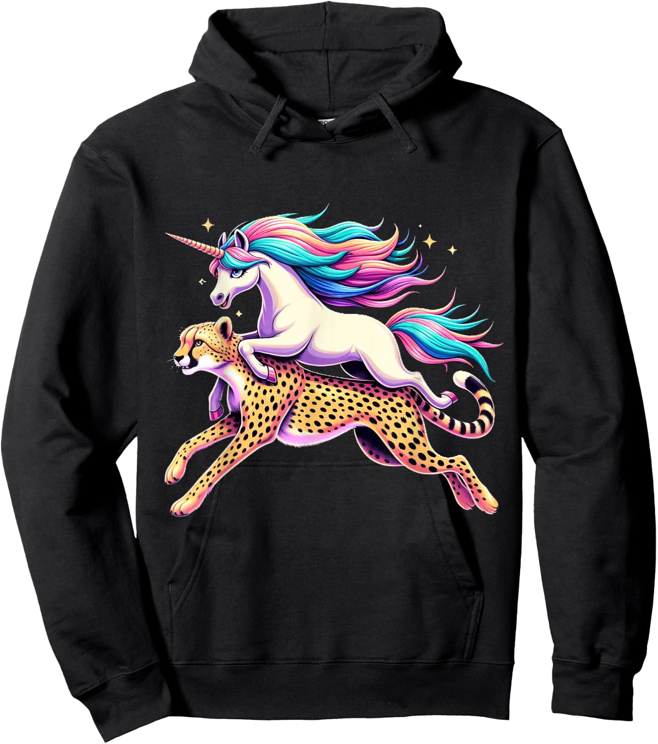 Unicorn Riding Cheetah Boys Girls Men Women Kids Rainbow Hoodie - Hoodie | Black