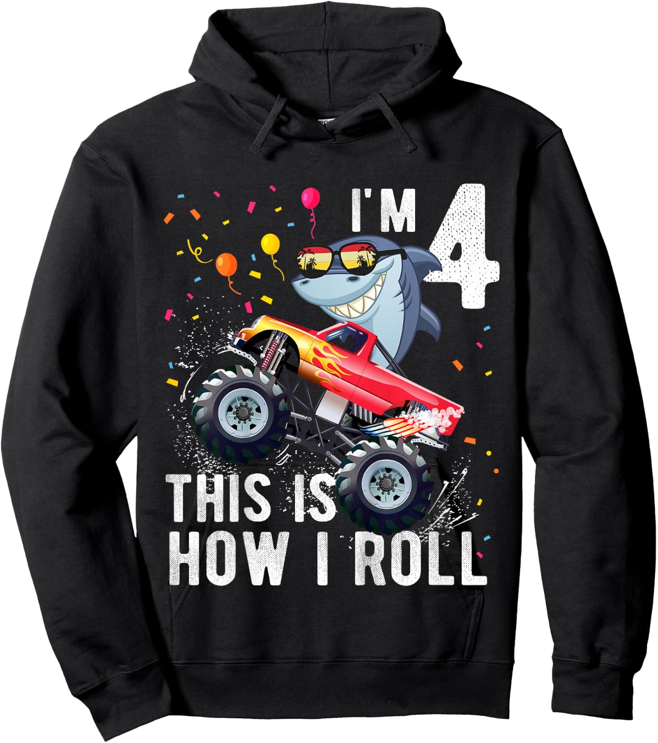 Shark Monster Truck 4th Birthday Boys and Girls Hoodie - Hoodie | Black
