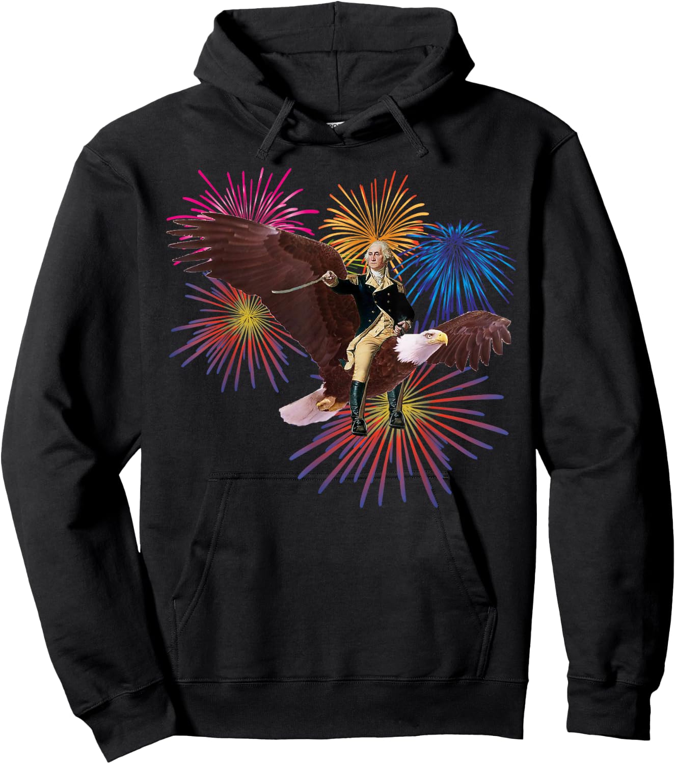 George Washington Riding a Bald Eagle 4th of July Women Kids Men Hoodie - Hoodie | Black