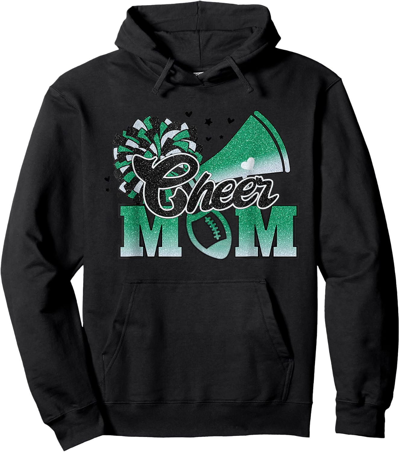 Football Cheer Mom Biggest Fan Cheerleader Black Green White Hoodie - Hoodie | Black