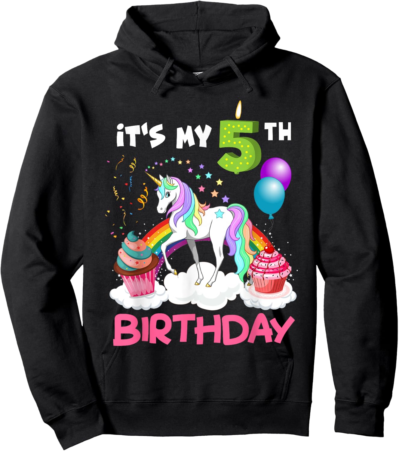 Cute It's My Fifth Birthday Unicorn Five Year Old Girl's Hoodie - Hoodie | Black