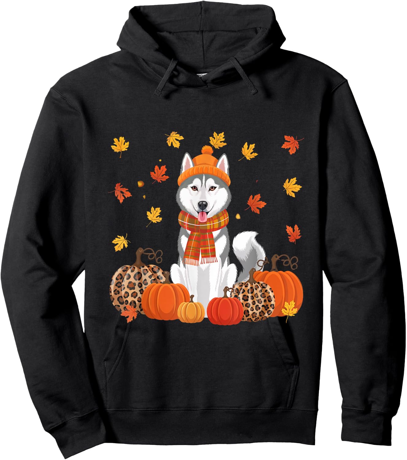 Fall Husky Pumpkins Leaves Autumn Halloween Thanksgiving Hoodie - Hoodie | Black