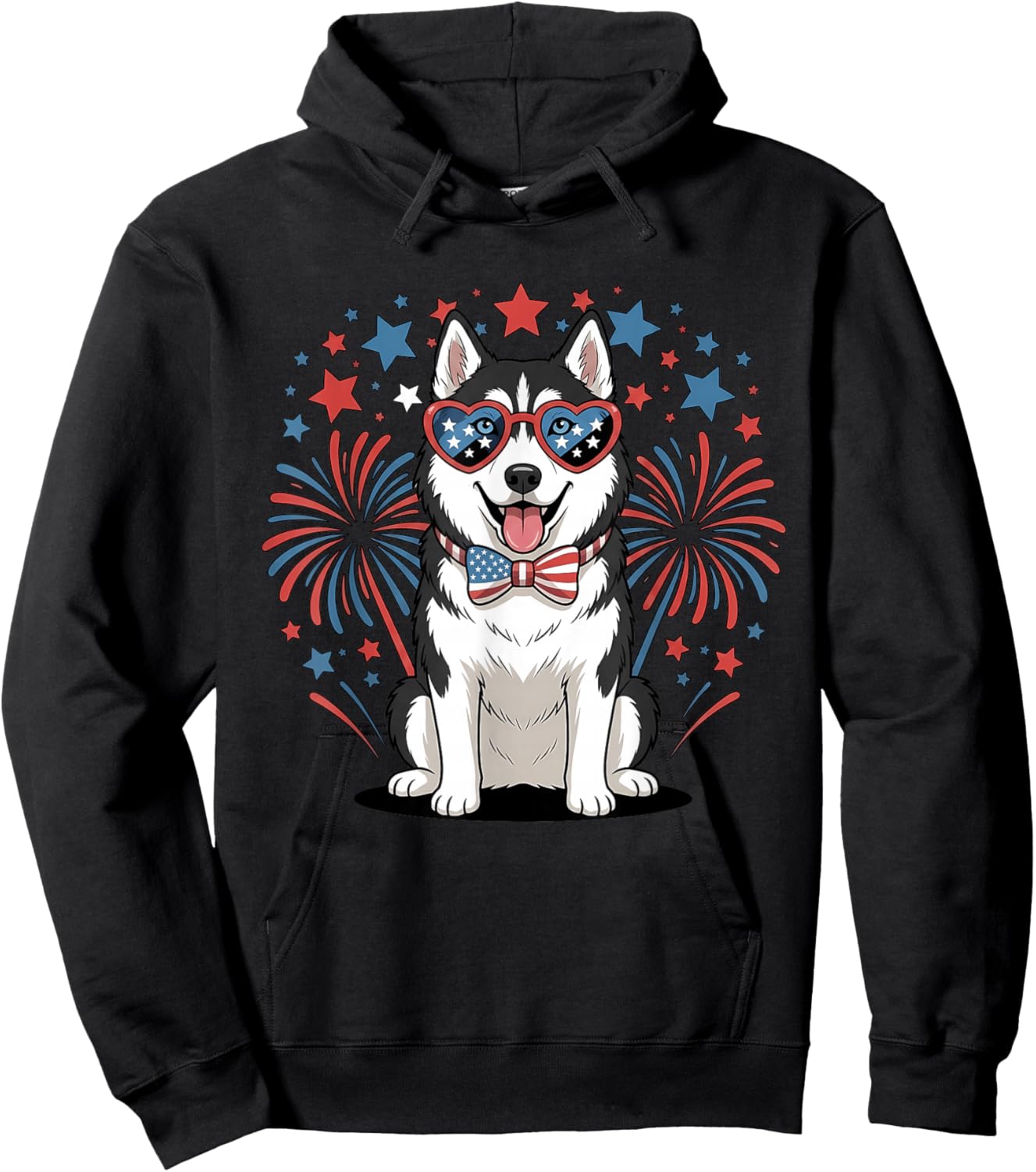 Cute Siberian Husky USA Flag Patriotic Dog Lover 4th of July Hoodie - Hoodie | Black