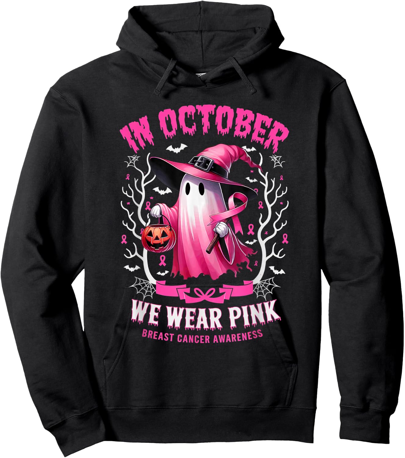 In October We Wear Pink Ghost Witch Breast Cancer Awareness Hoodie - Hoodie | Black