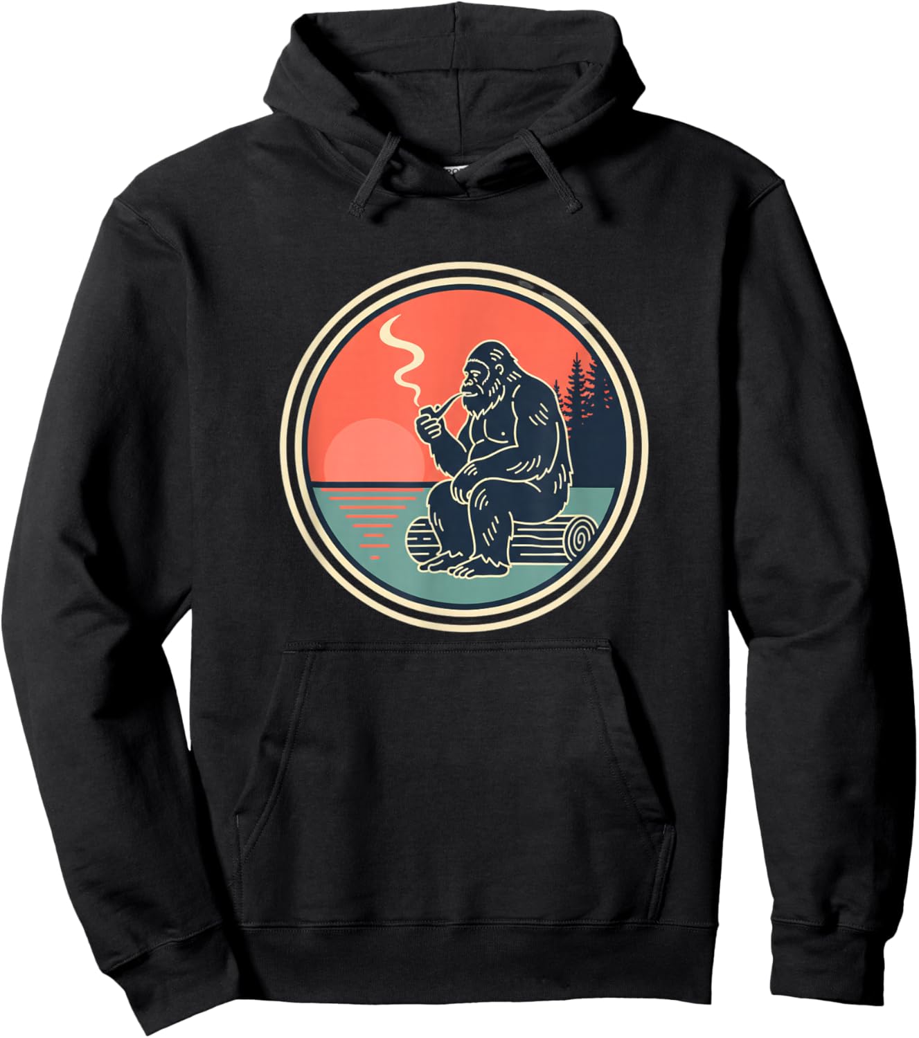 Bigfoot Smoking Pipe Sasquatch Cryptid Retro Sunset Hoodie - Hoodie | Black