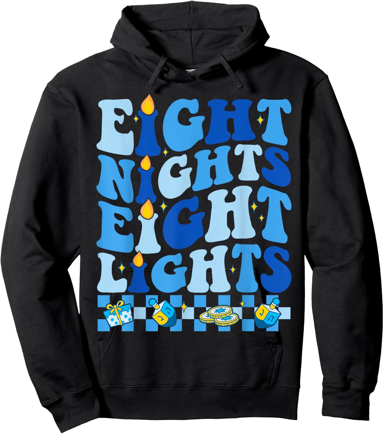 Retro Groovy Eight Nights and Eight Lights Happy Hanukkah Hoodie - Hoodie | Black