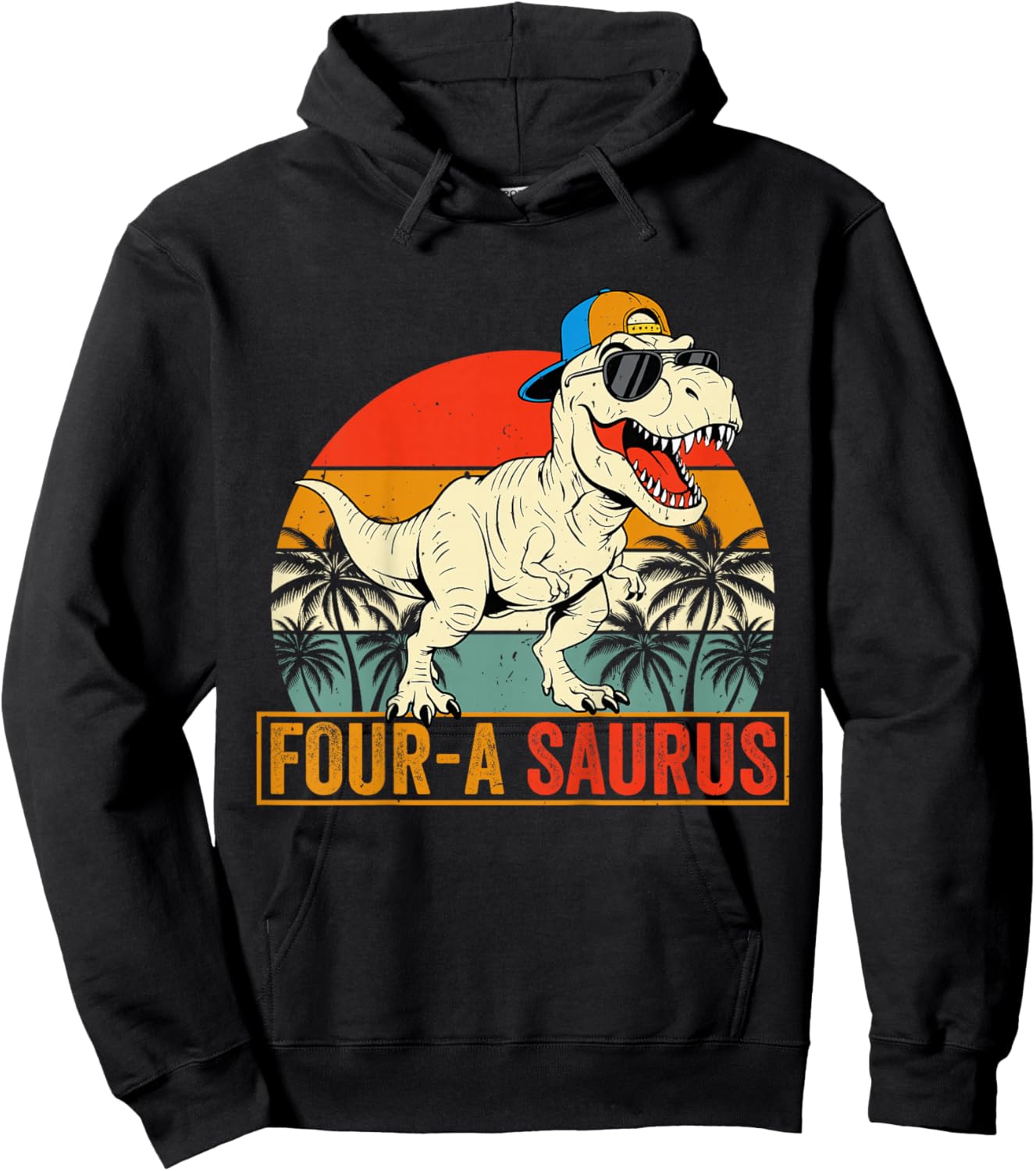 Kids Four-A-Saurus Funny Dino Dinosaur Lover 4th Birthday Hoodie - Hoodie | Black