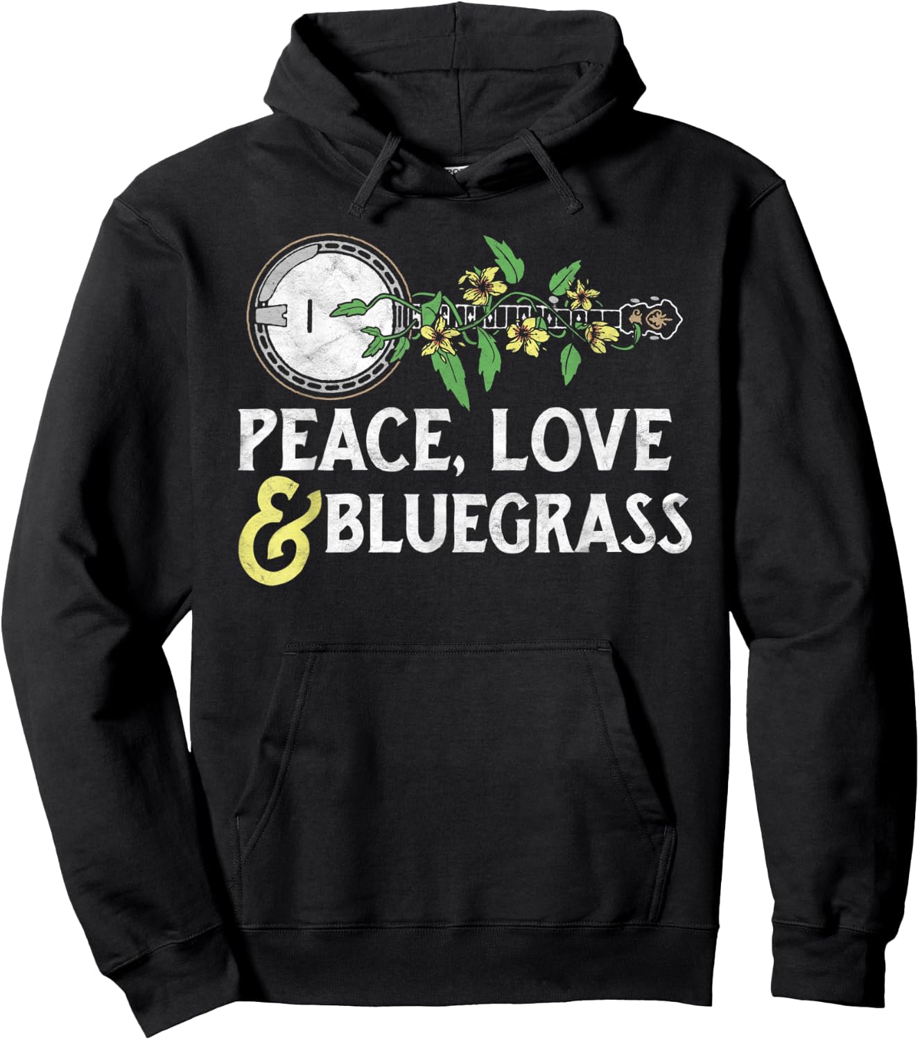 Peace , Love & Bluegrass - Banjo Nature Vines Illustration Hoodie - Hoodie | Black