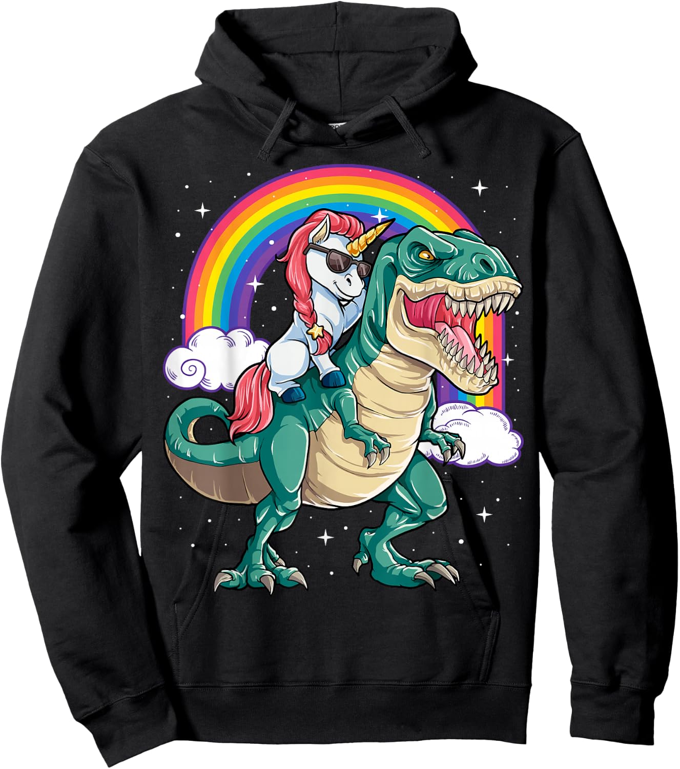 Unicorn Riding T rex Dinosaur Boys Girls Men Women Rainbow Small Hoodie - Hoodie | Black