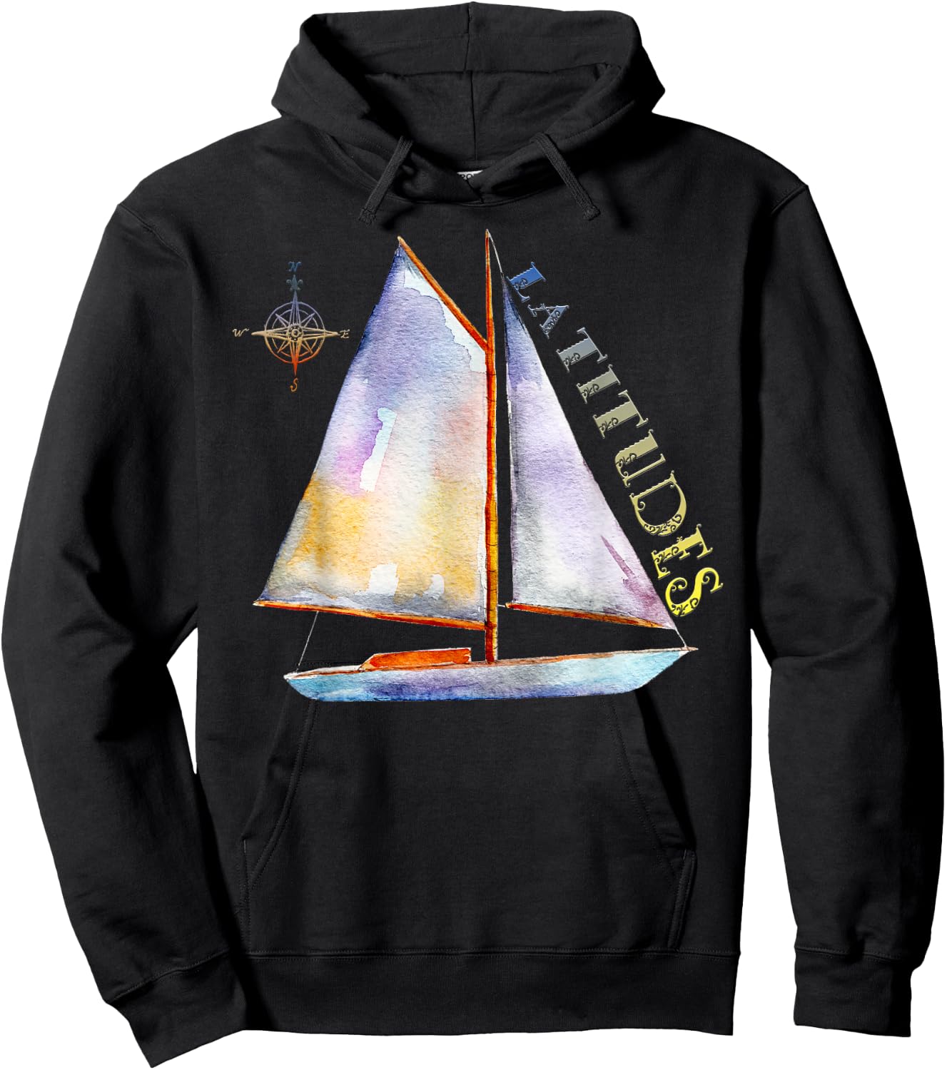 Watercolor Sailboat with Compass and LATITUDES Sailing Hoodie - Hoodie | Black