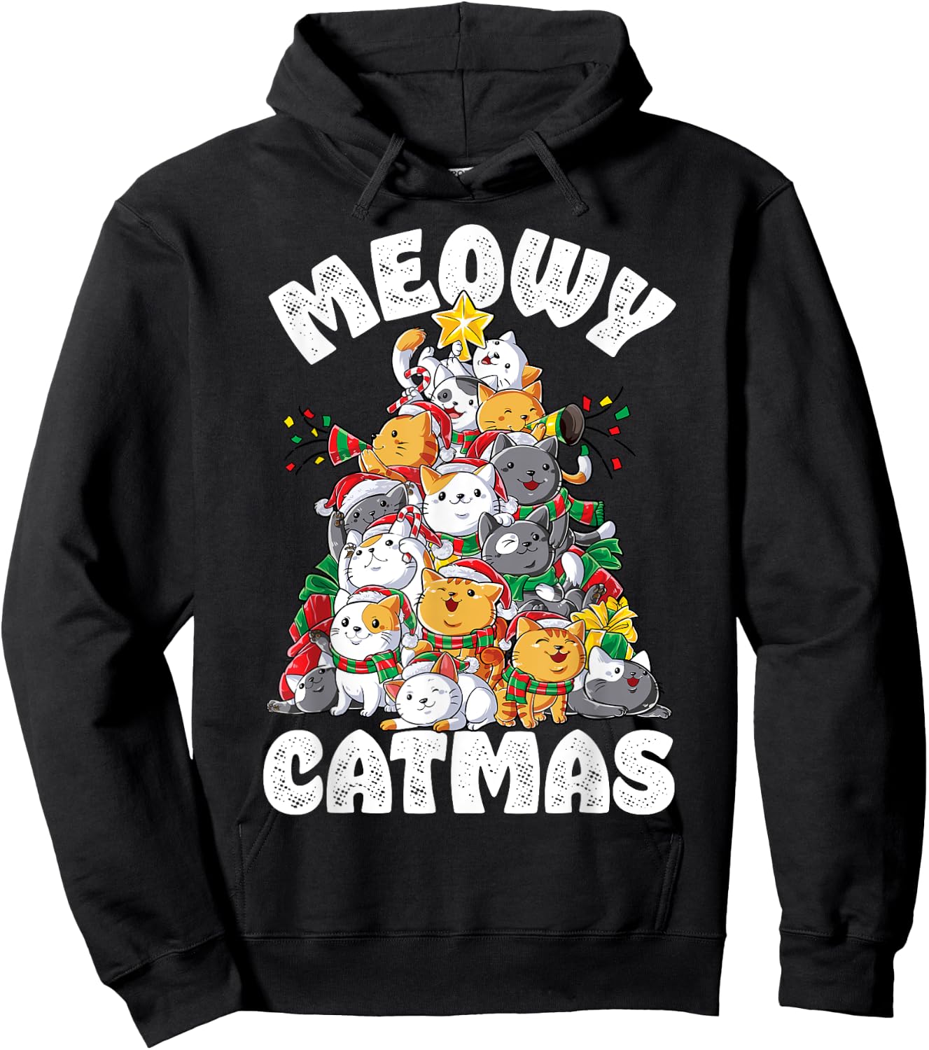 Meowy Catmas Cat Christmas Tree Xmas Girls Boys Funny Santa Short Sleeve Hoodie - Hoodie | Black