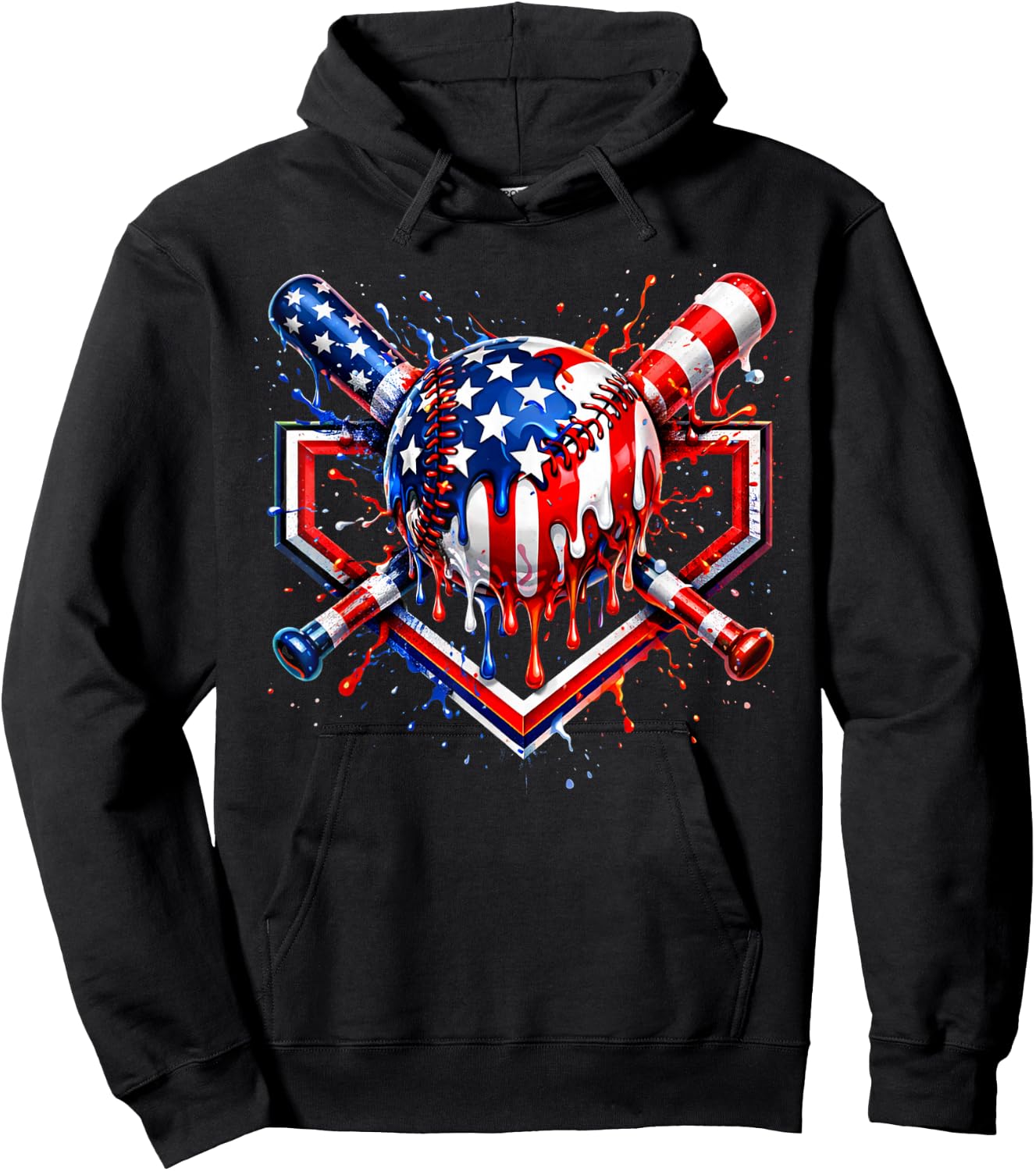 4th of July Baseball Drip American Flag Baseball 4th of July Hoodie - Hoodie | Black