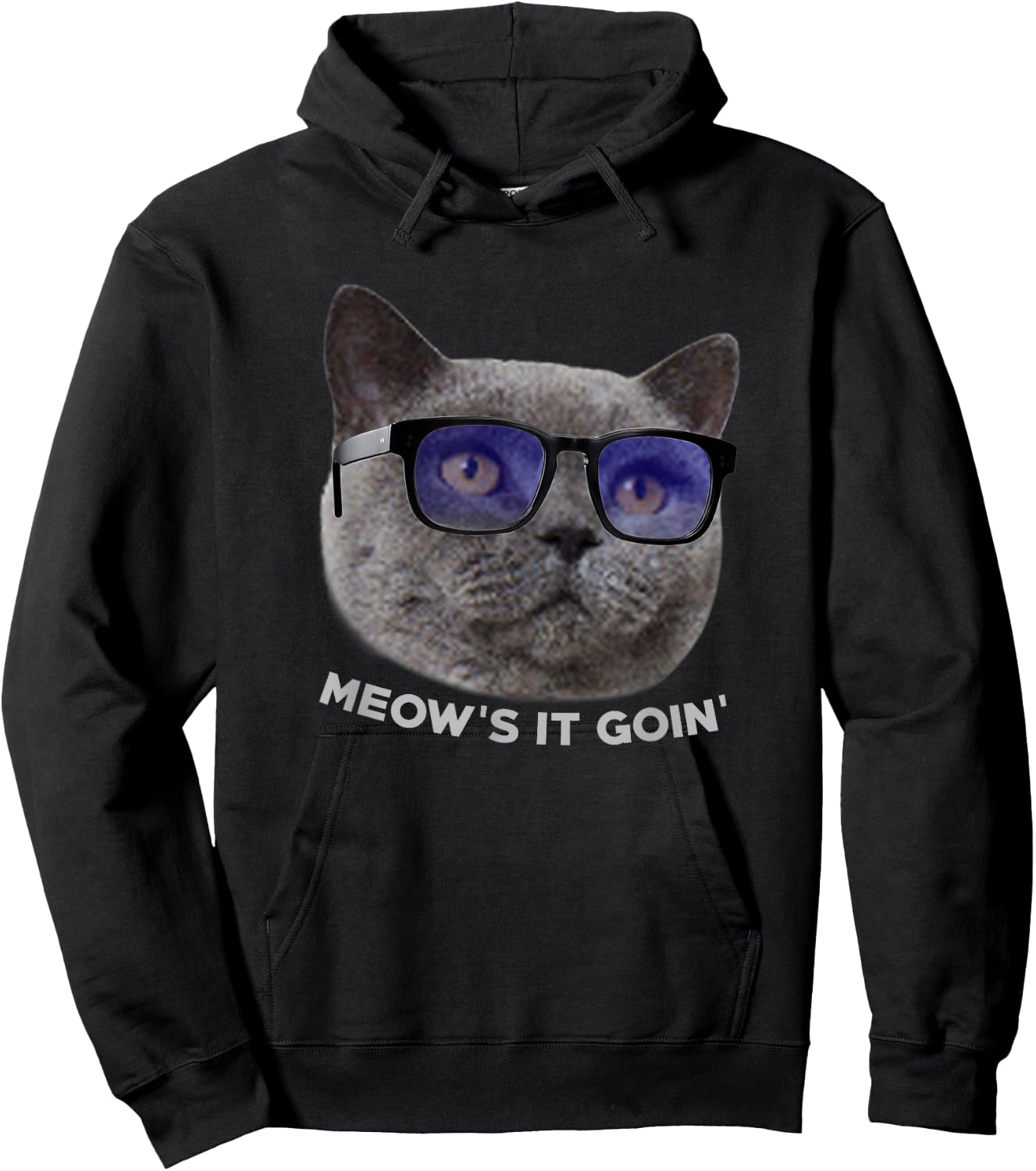 Meow's it Going Shirt Funny Cat In Glasses Pun Quote Men Women Girls Kids Hoodie - Hoodie | Black