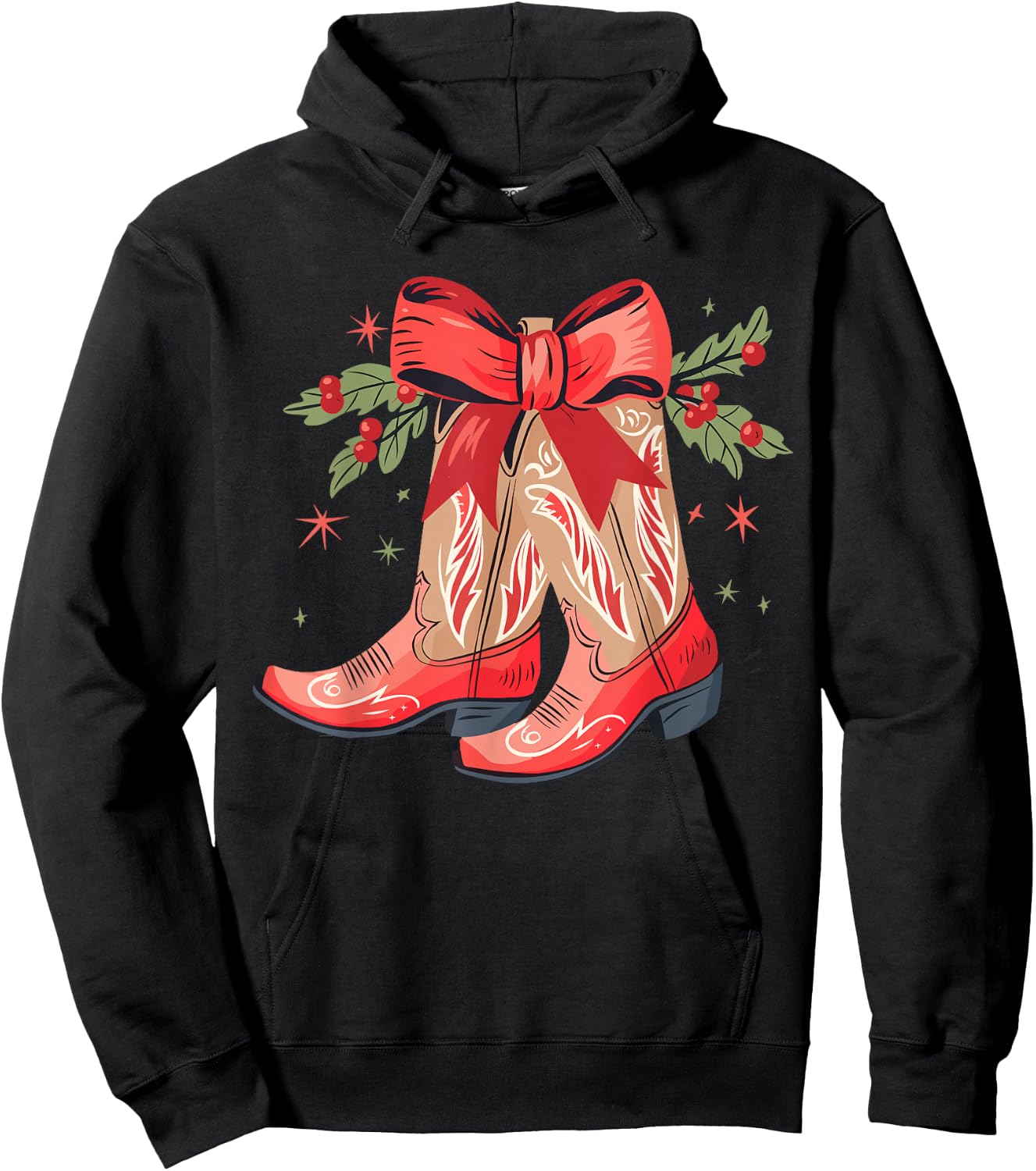Merry And Bright Cowgirl Boot Christmas Western Cowboy Hoodie - Hoodie | Black