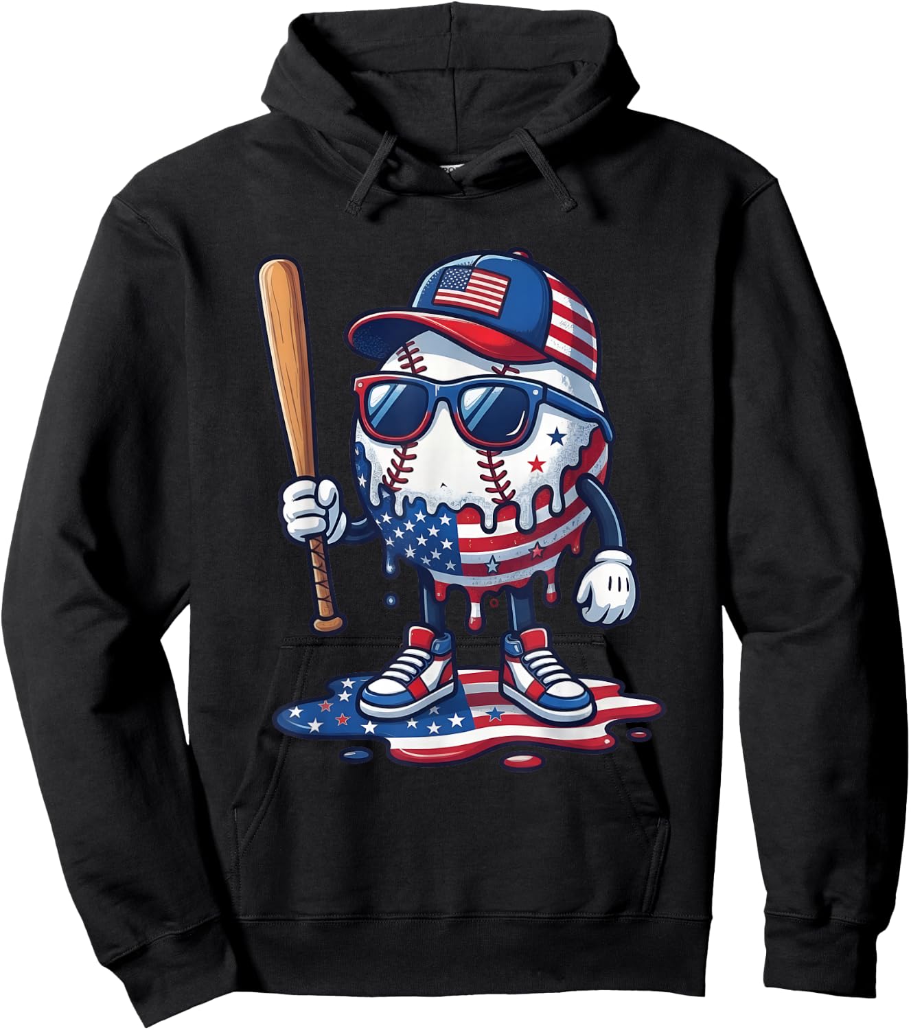 Baseball Drip Ice Cream Boys 4th of July American USA Flag Hoodie - Hoodie | Black