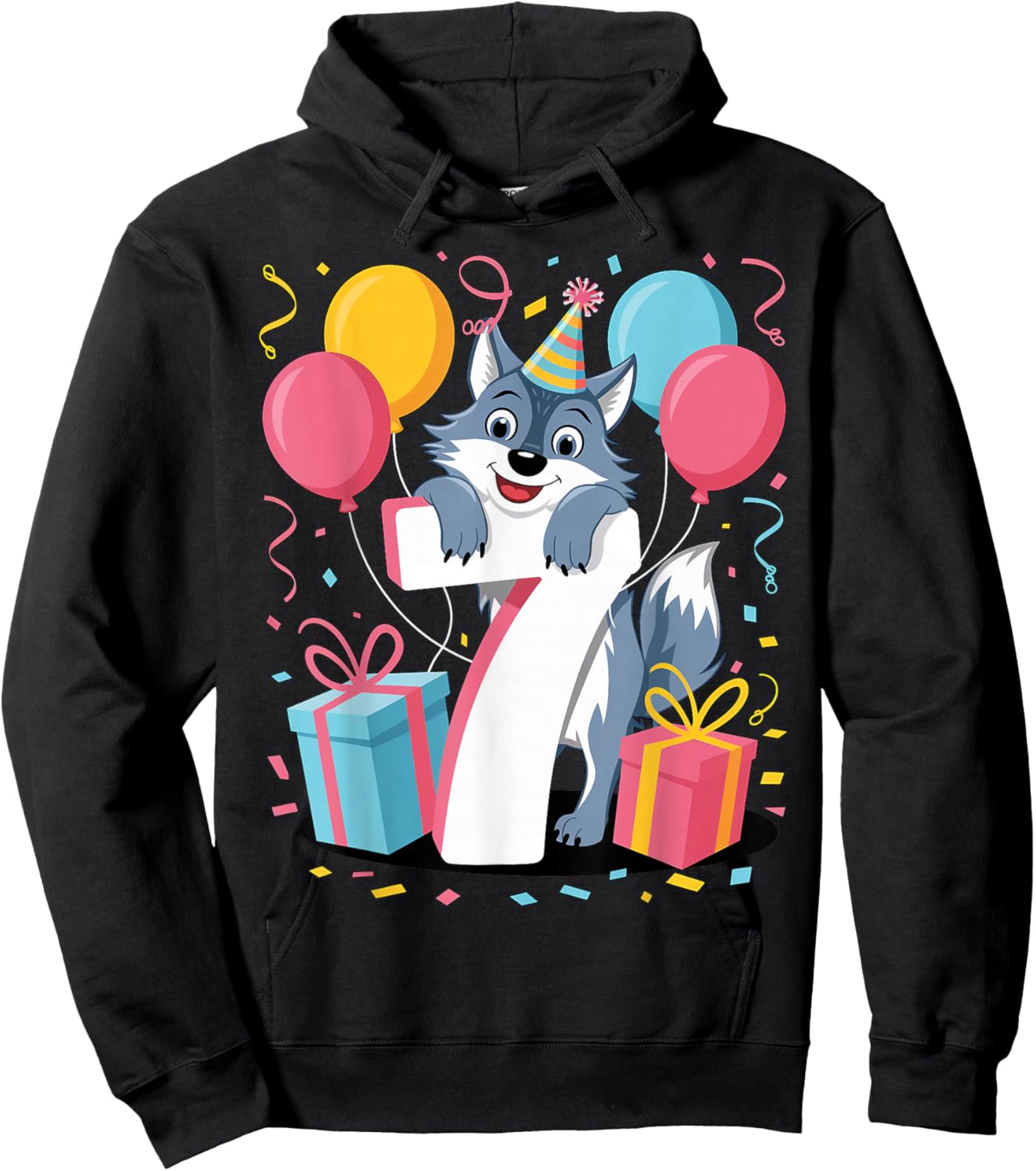 Wolf 7th birthday boy girl 7 years old seventh seven Wolf Hoodie - Hoodie | Black
