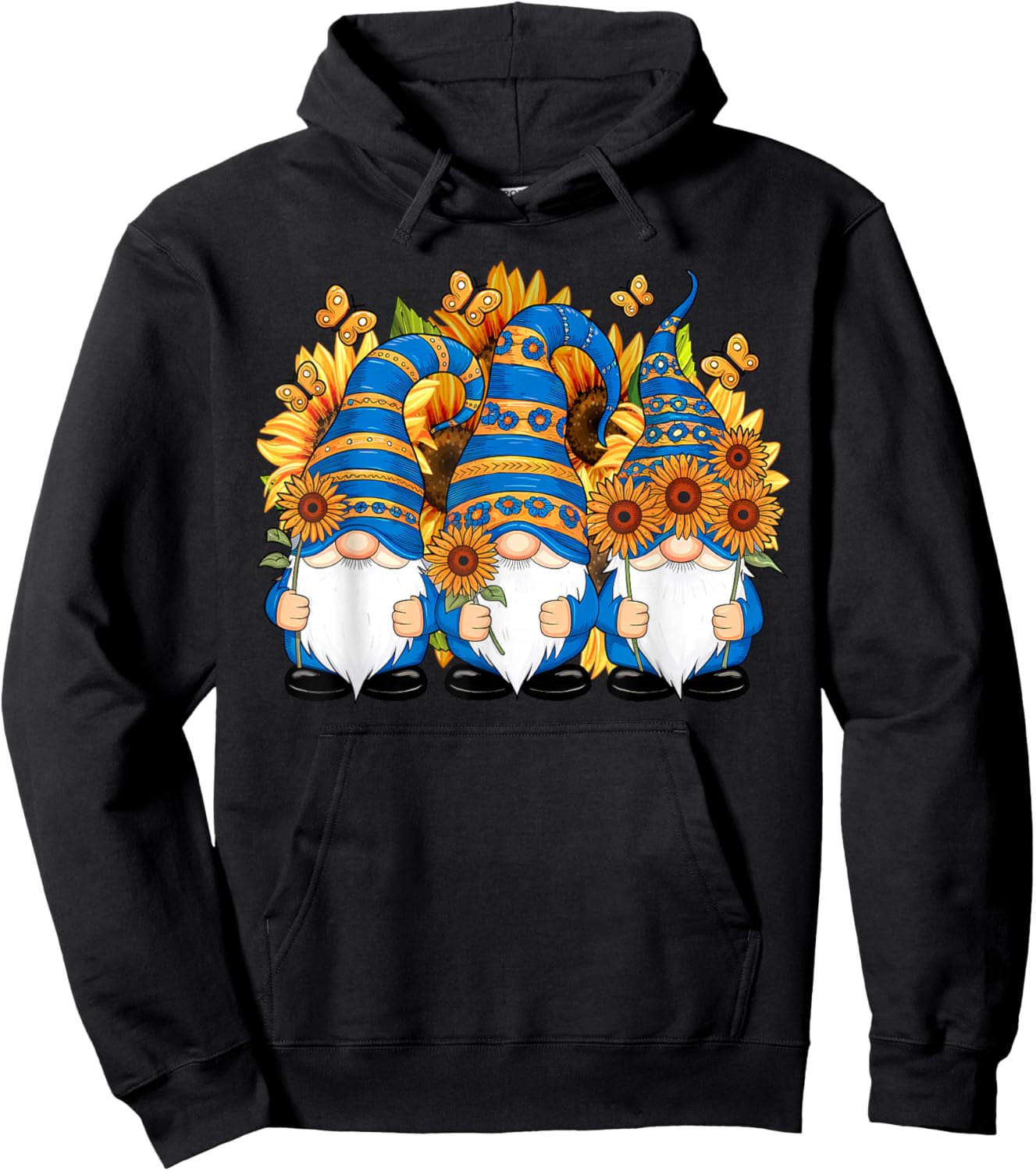 Cute Gnomes With Sunflower Butterfly Gardeners Summer Floral Hoodie - Hoodie | Black