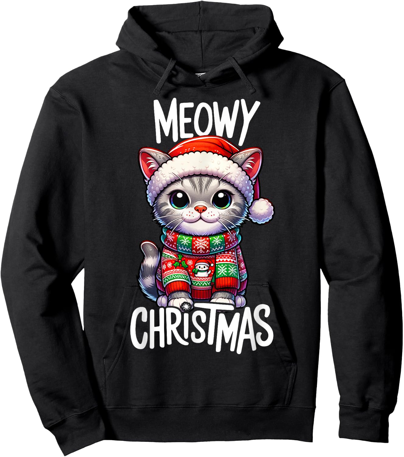 Meowy Christmas Cat Lover Funny Festive Holidays Cute Kitten Women Kids Hoodie - Hoodie | Black