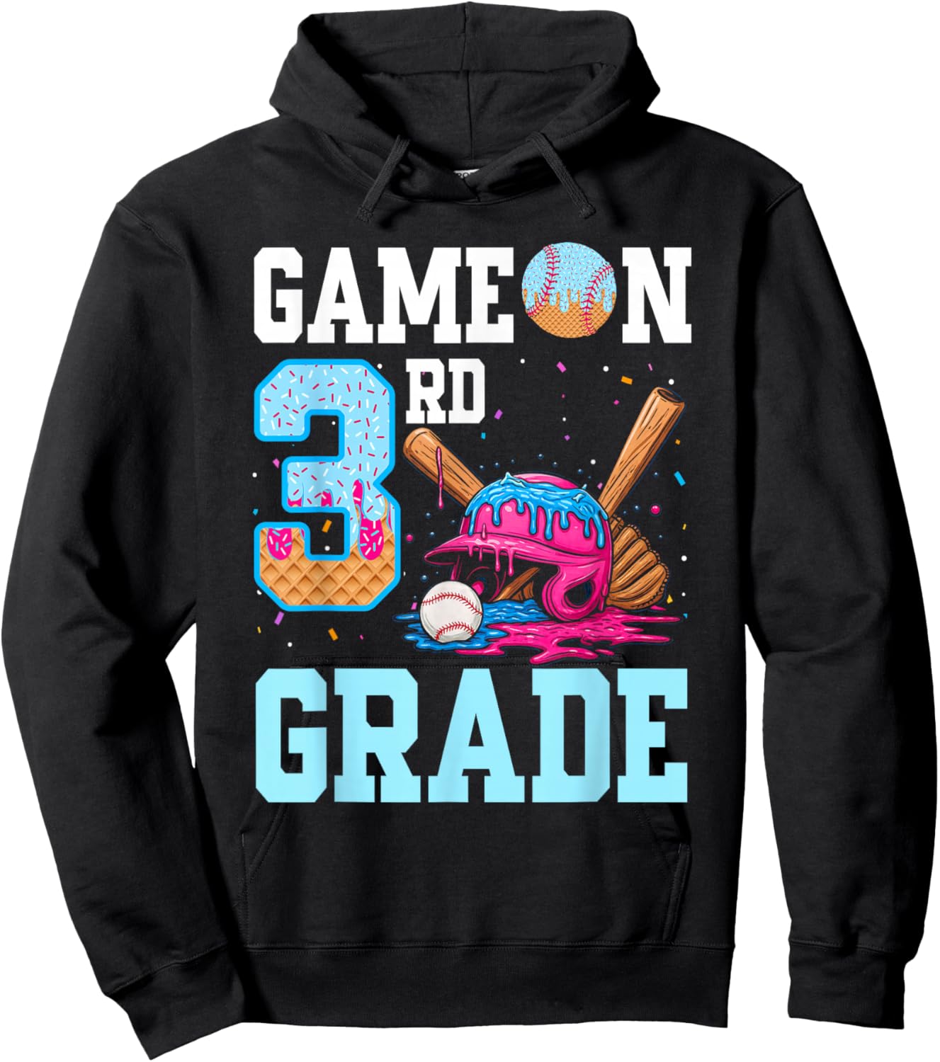 3rd Grade Back to School Baseball Drip Ice Cream Game On Kid Hoodie - Hoodie | Black
