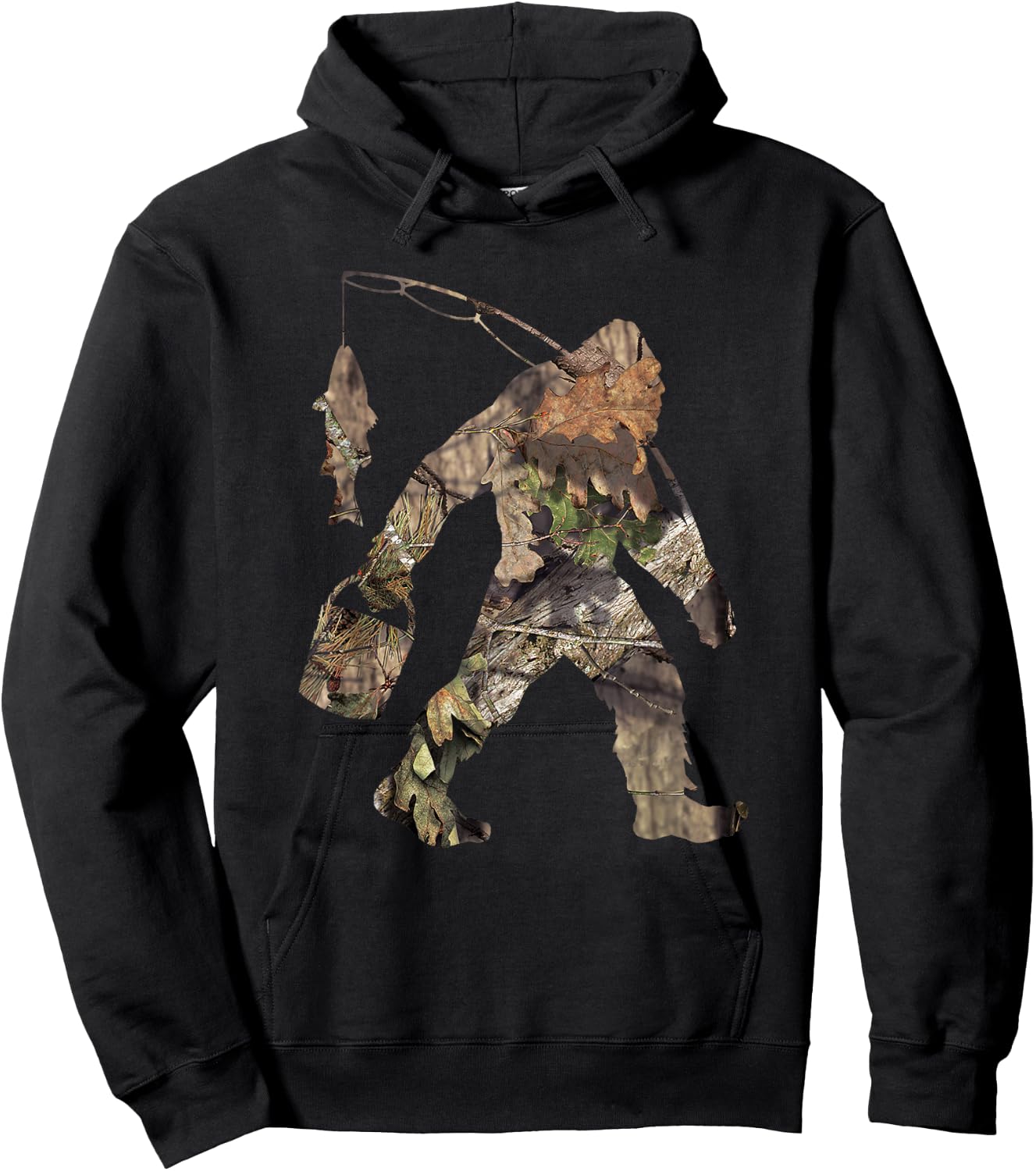 Fishing Bigfoot Carrying Fishing Pole Camo Sasquatch Hoodie - Hoodie | Black