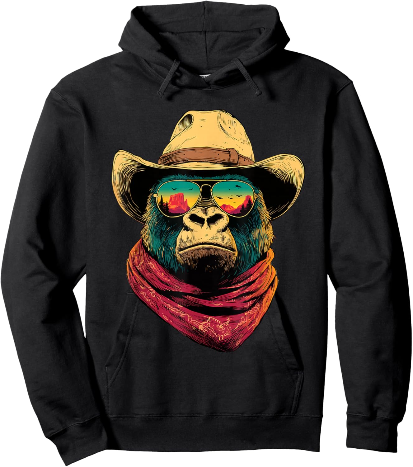 Colorful Cowboy Gorilla in Sunglasses Animal Sunset Western Hoodie - Hoodie | Black