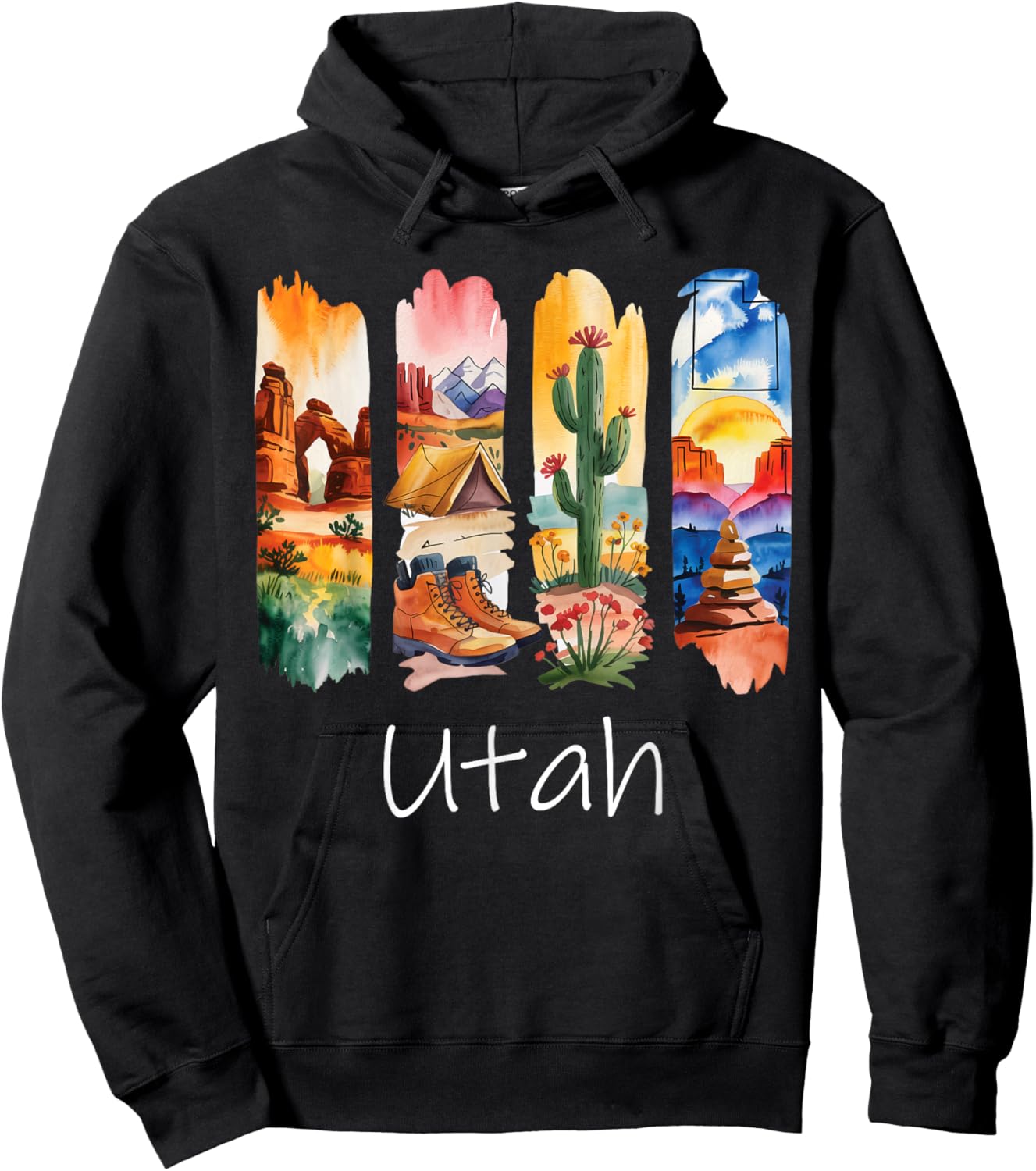 Utah Brushstroke Arches National Park Hiking Boots Cactus Hoodie - Hoodie | Black