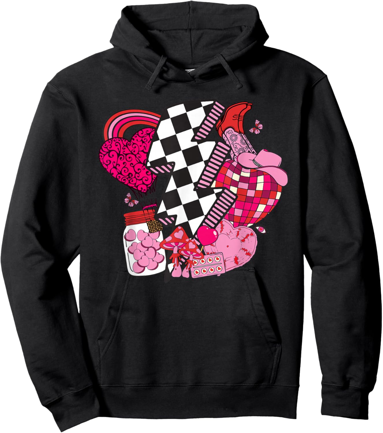 Retro Happy Valentines Hearts Checkered Smile Face Hoodie - Hoodie | Black