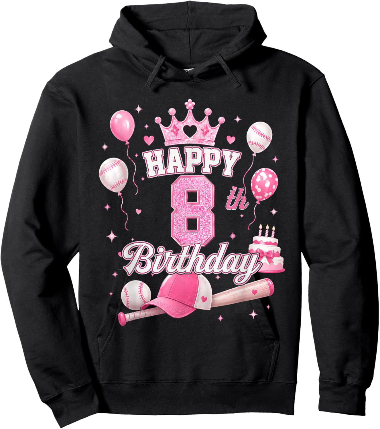 Happy 8th Birthday Girl 8 Year Pink Baseball Princess Party Hoodie - Hoodie | Black