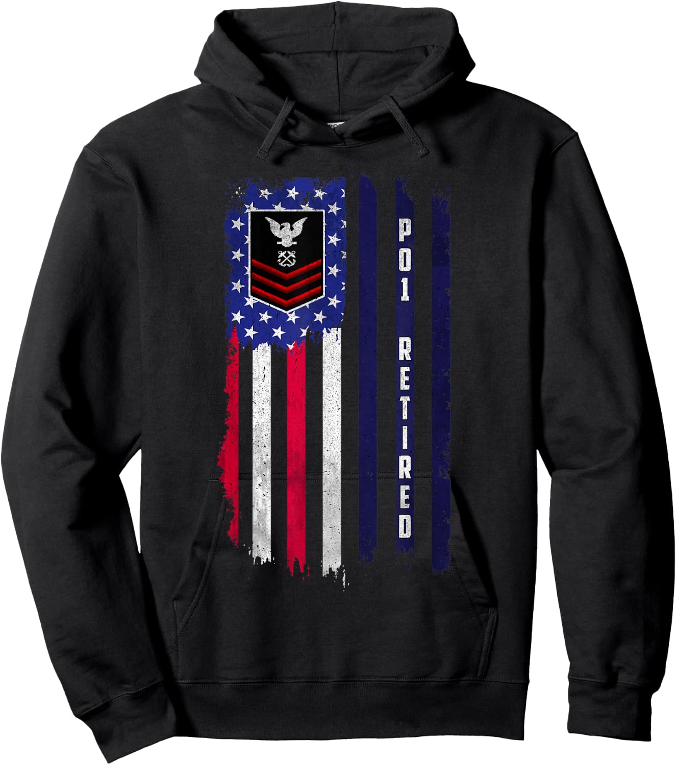 Retired E-6 Petty Officer First Class PO1 Rank American Flag Hoodie - Hoodie | Black