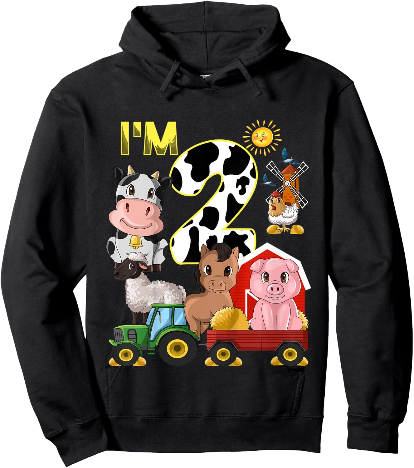 Kids Farm Animals Tractor 2nd Birthday 2 Year Old Birthday Party Hoodie - Hoodie | Black