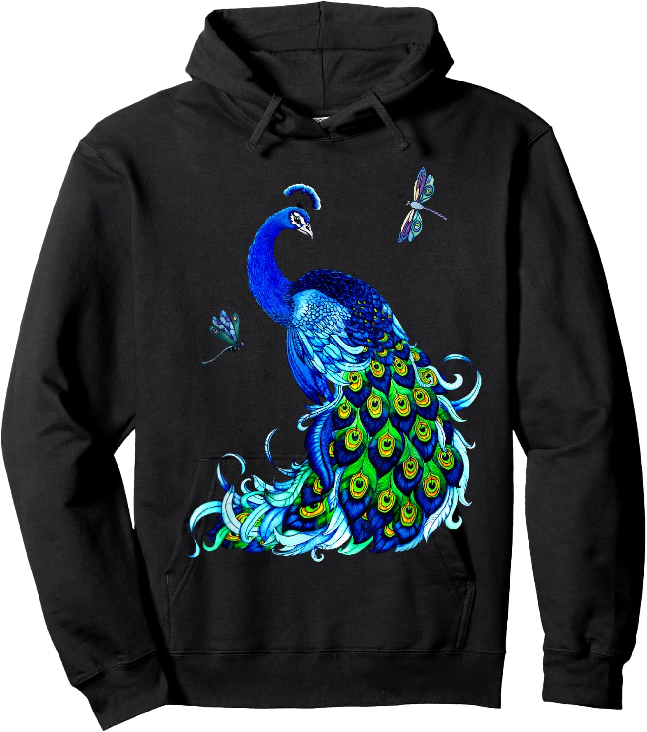 Blue Peacock and Dragonflies Hoodie - Hoodie | Black